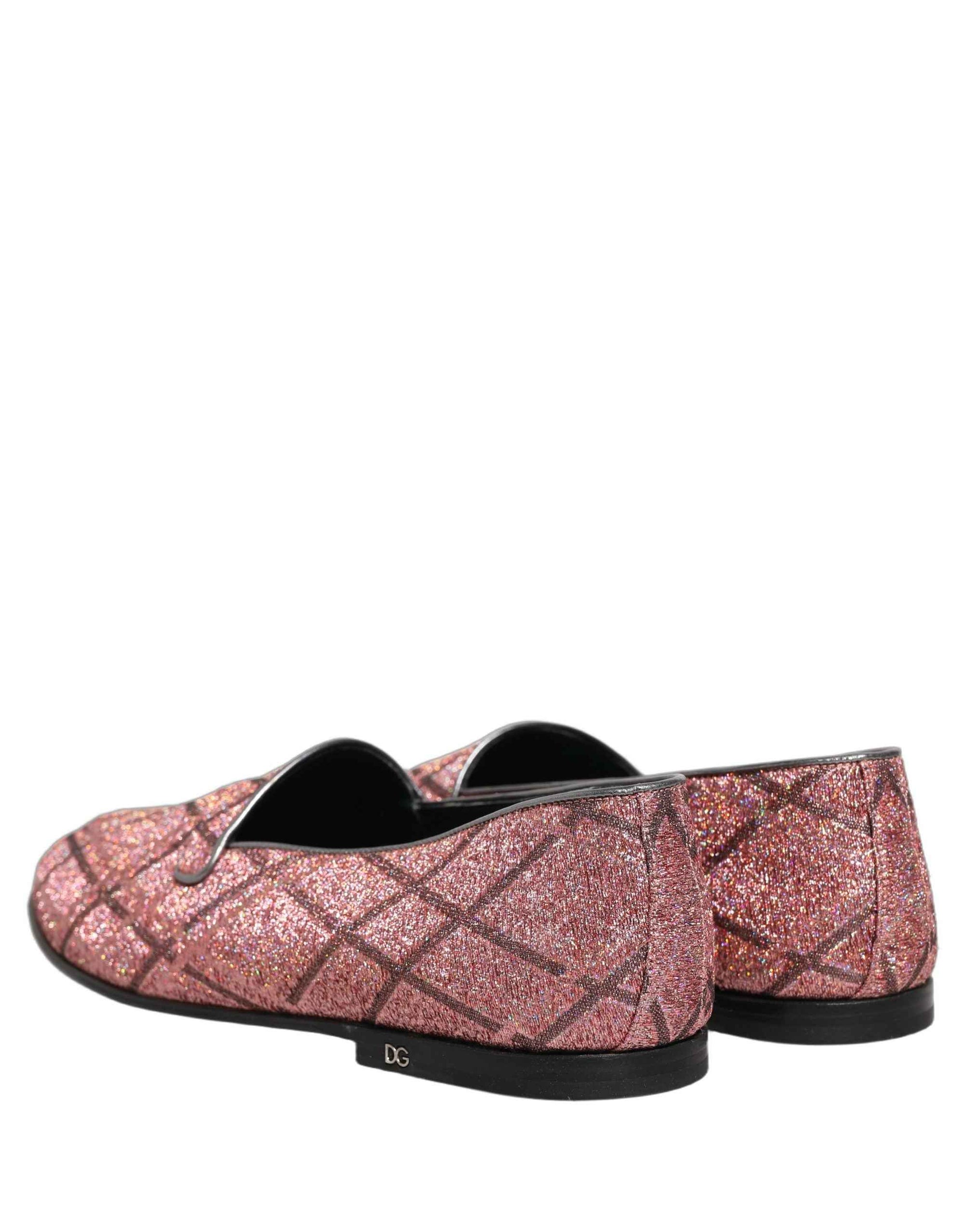 Dolce & Gabbana Pink Check Glitter Lurex Logo Loafers Shoes