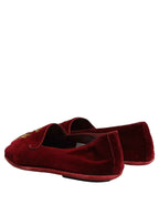 Dolce & Gabbana Maroon Velvet Crown Embroidery Loafers Shoes