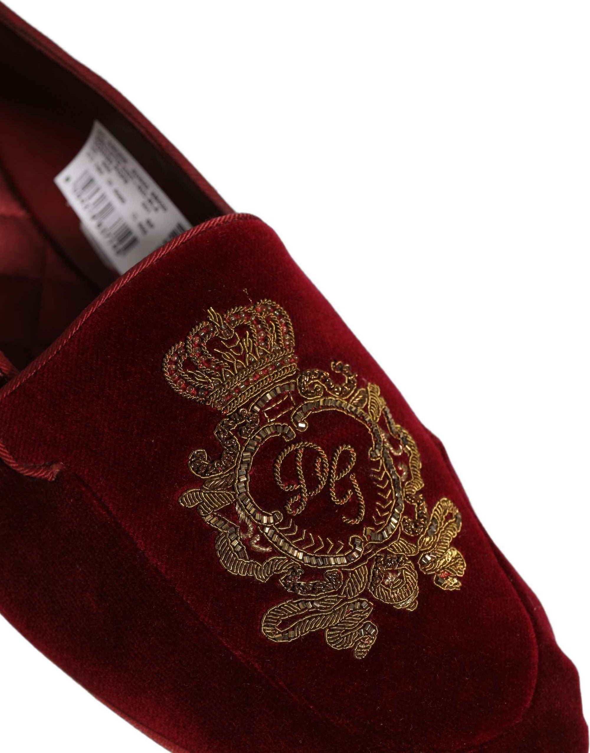 Dolce & Gabbana Maroon Velvet Crown Embroidery Loafers Shoes