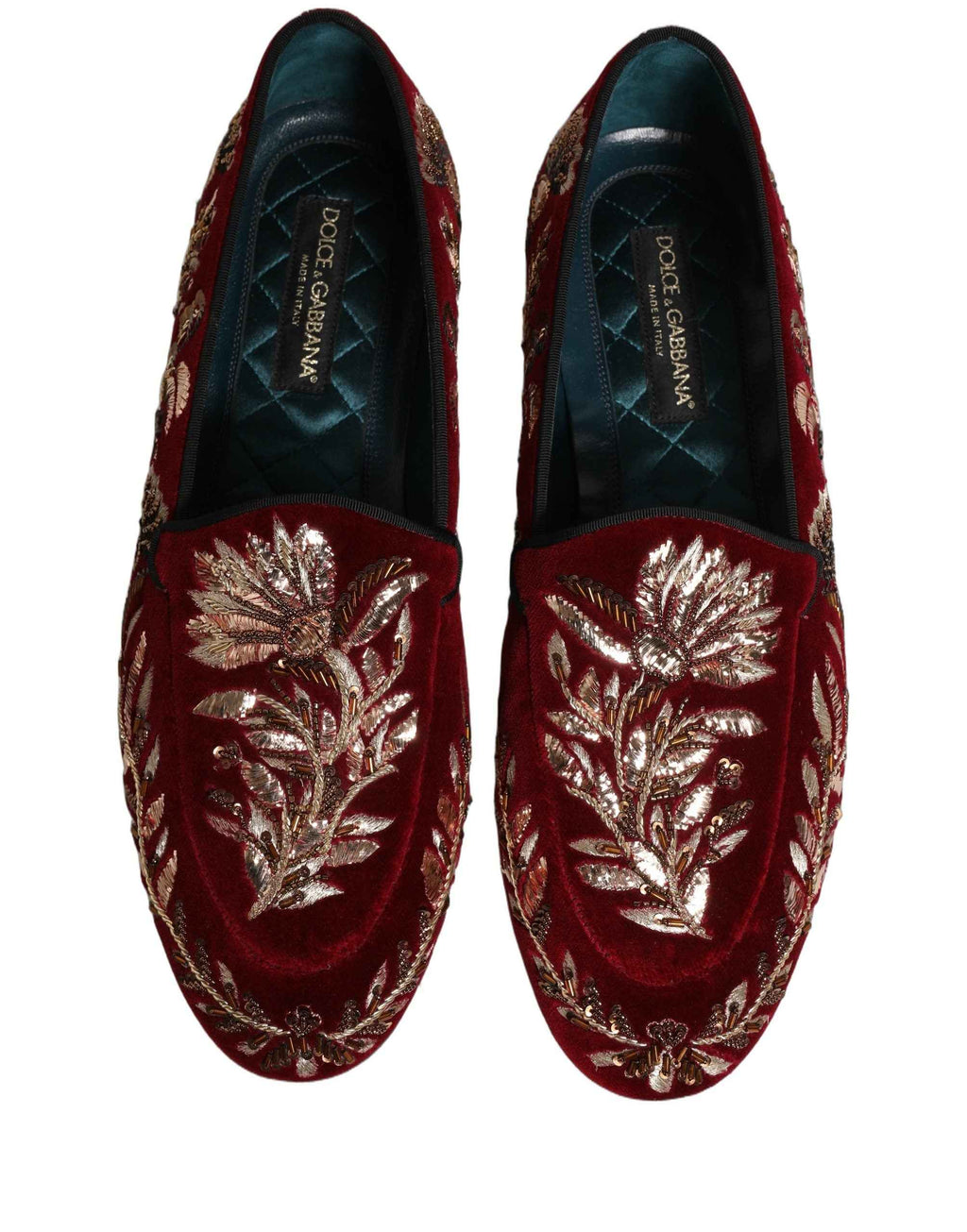 Dolce & Gabbana Red Velvet Floral Embroidery Loafers Shoes