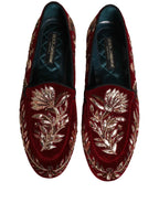 Dolce & Gabbana Red Velvet Floral Embroidery Loafers Shoes