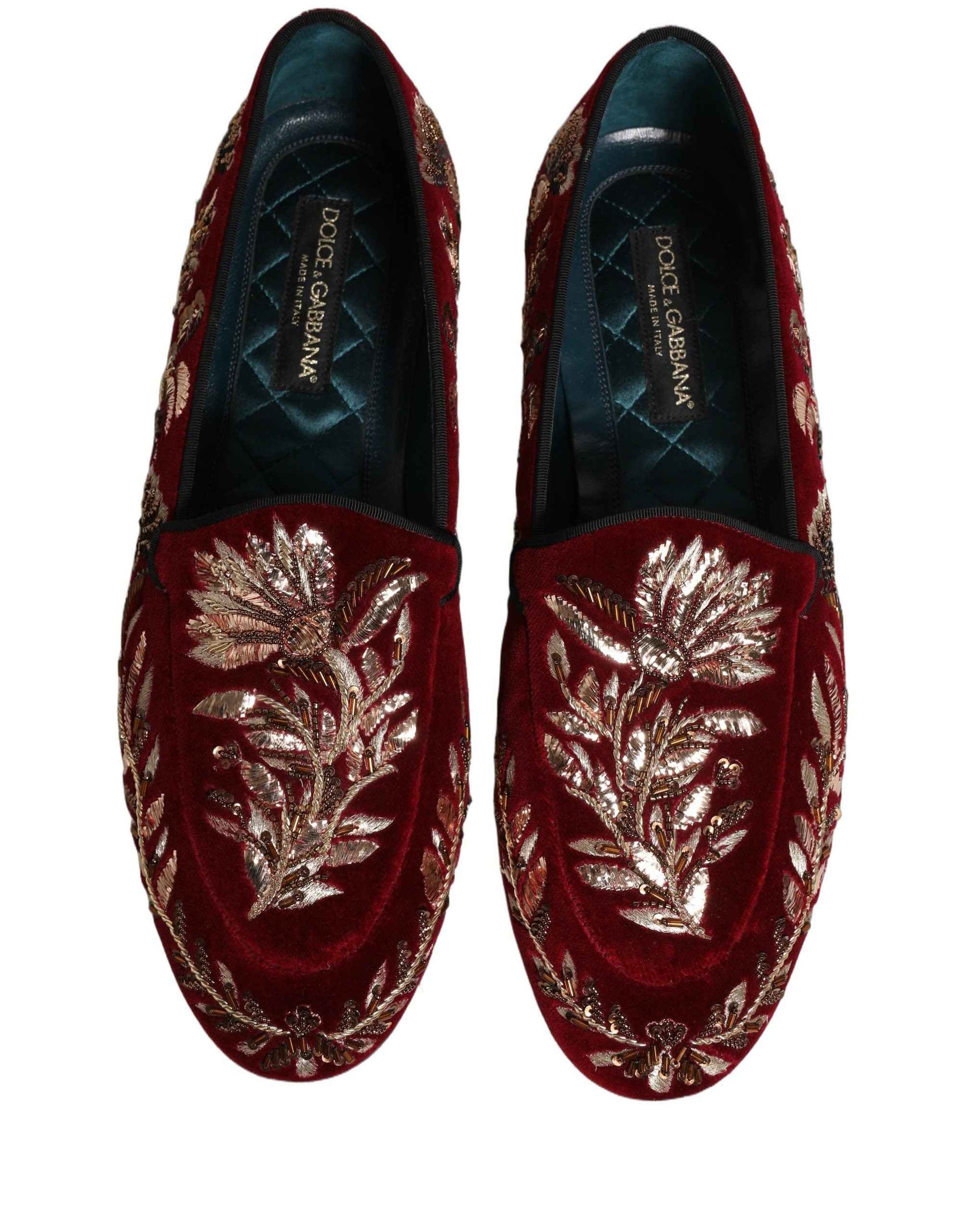 Dolce & Gabbana Red Velvet Floral Embroidery Loafers Shoes