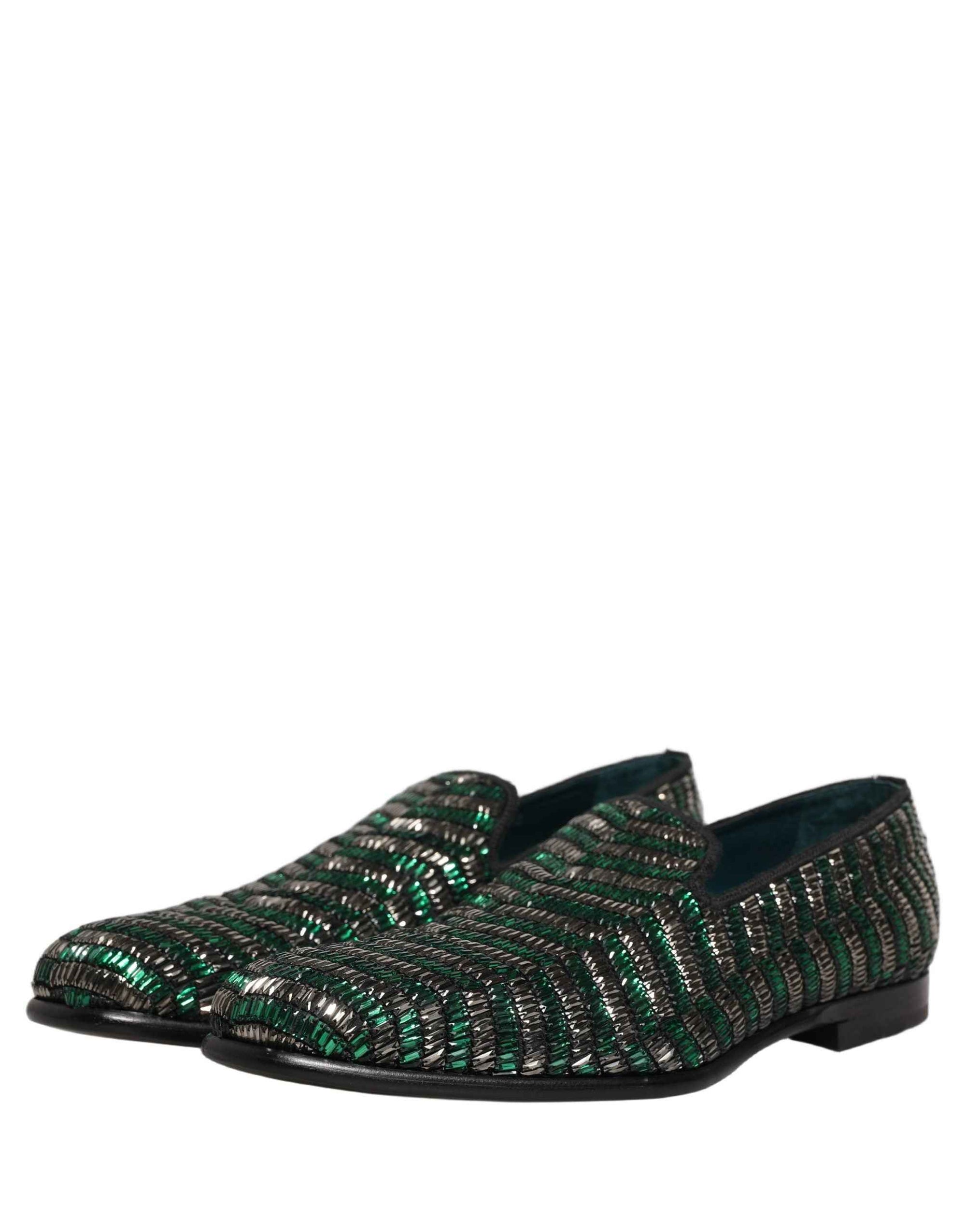 Dolce & Gabbana Silver Green Embellished Dress Loafers Shoes