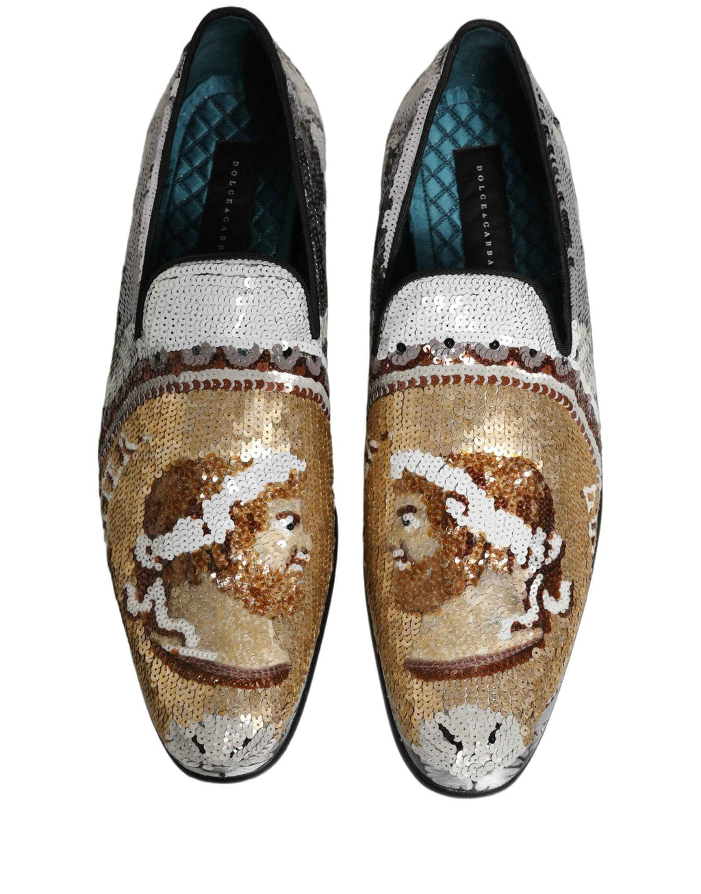 Dolce & Gabbana White Gold Sequined Slip On Loafers Shoes