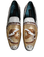 Dolce & Gabbana White Gold Sequined Slip On Loafers Shoes