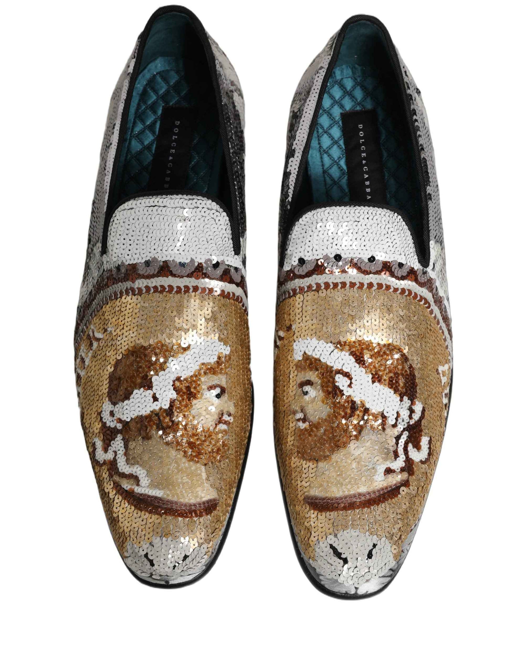 Dolce & Gabbana White Gold Sequined Slip On Loafers Shoes
