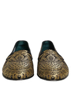 Dolce & Gabbana Gold Jacquard Leather Slip On Loafers Shoes