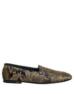 Dolce & Gabbana Gold Jacquard Leather Slip On Loafers Shoes
