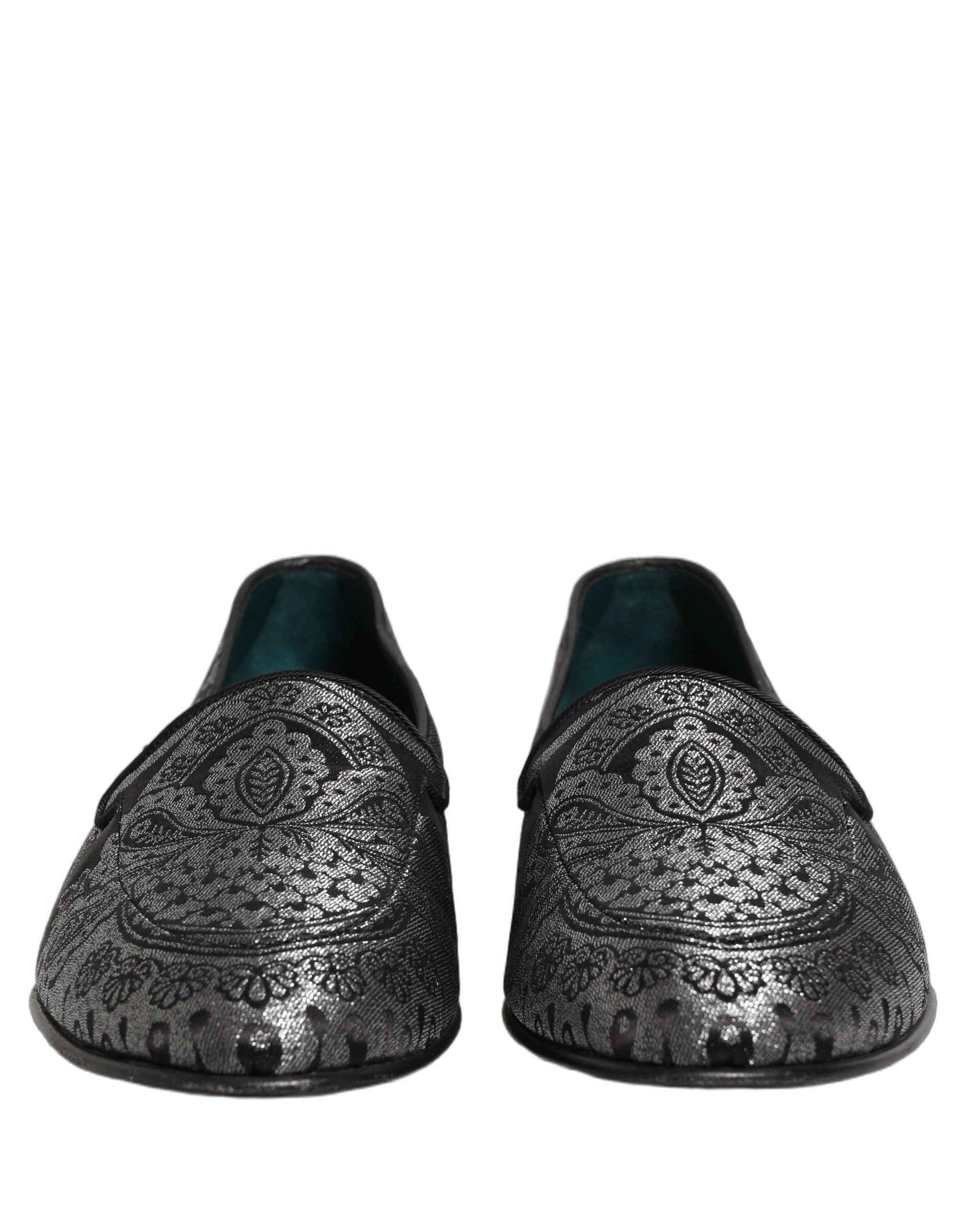 Dolce & Gabbana Silver Jacquard Leather Slip On Loafers Shoes