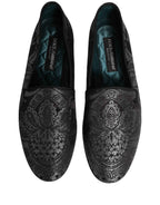 Dolce & Gabbana Silver Jacquard Leather Slip On Loafers Shoes