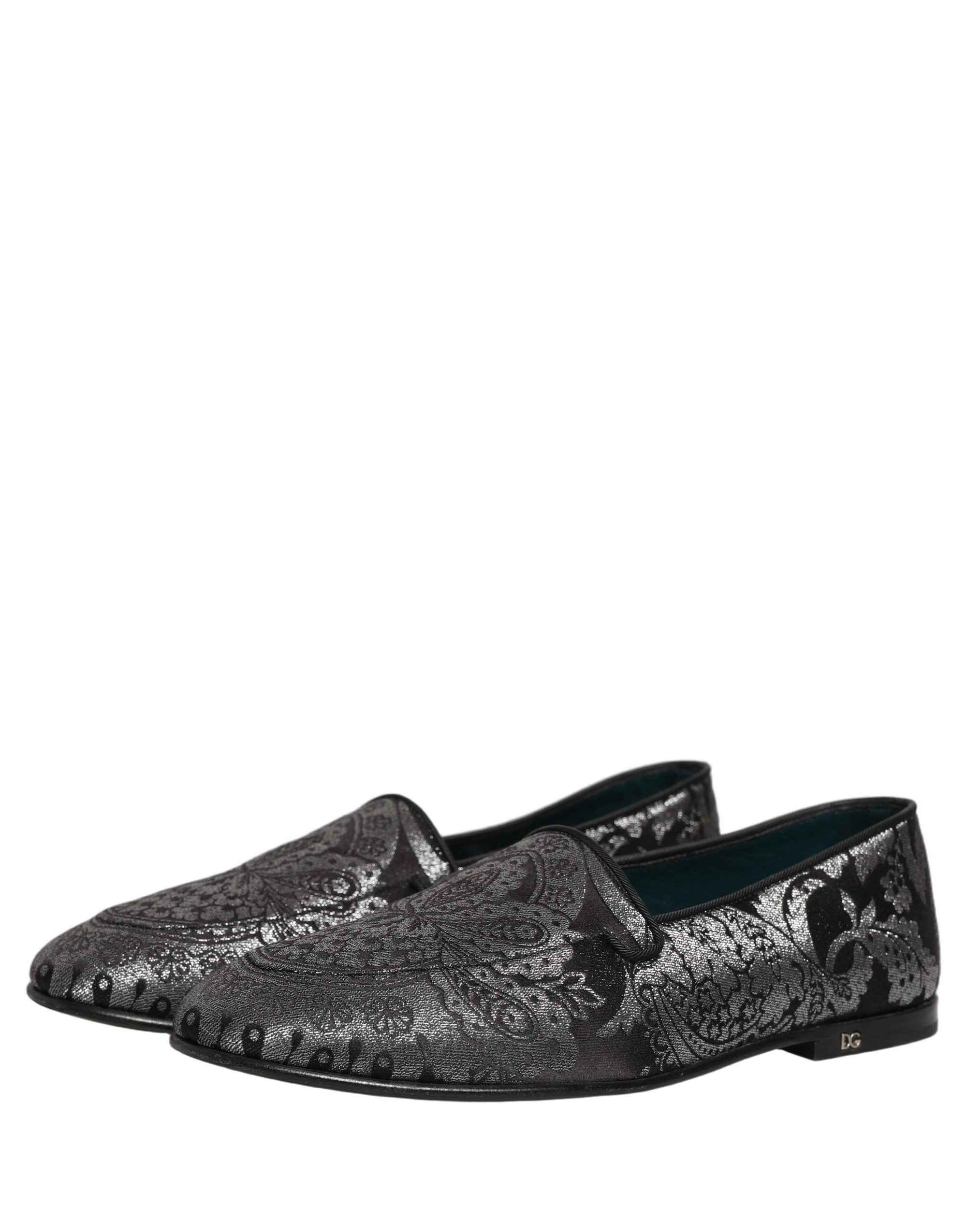 Dolce & Gabbana Silver Jacquard Leather Slip On Loafers Shoes
