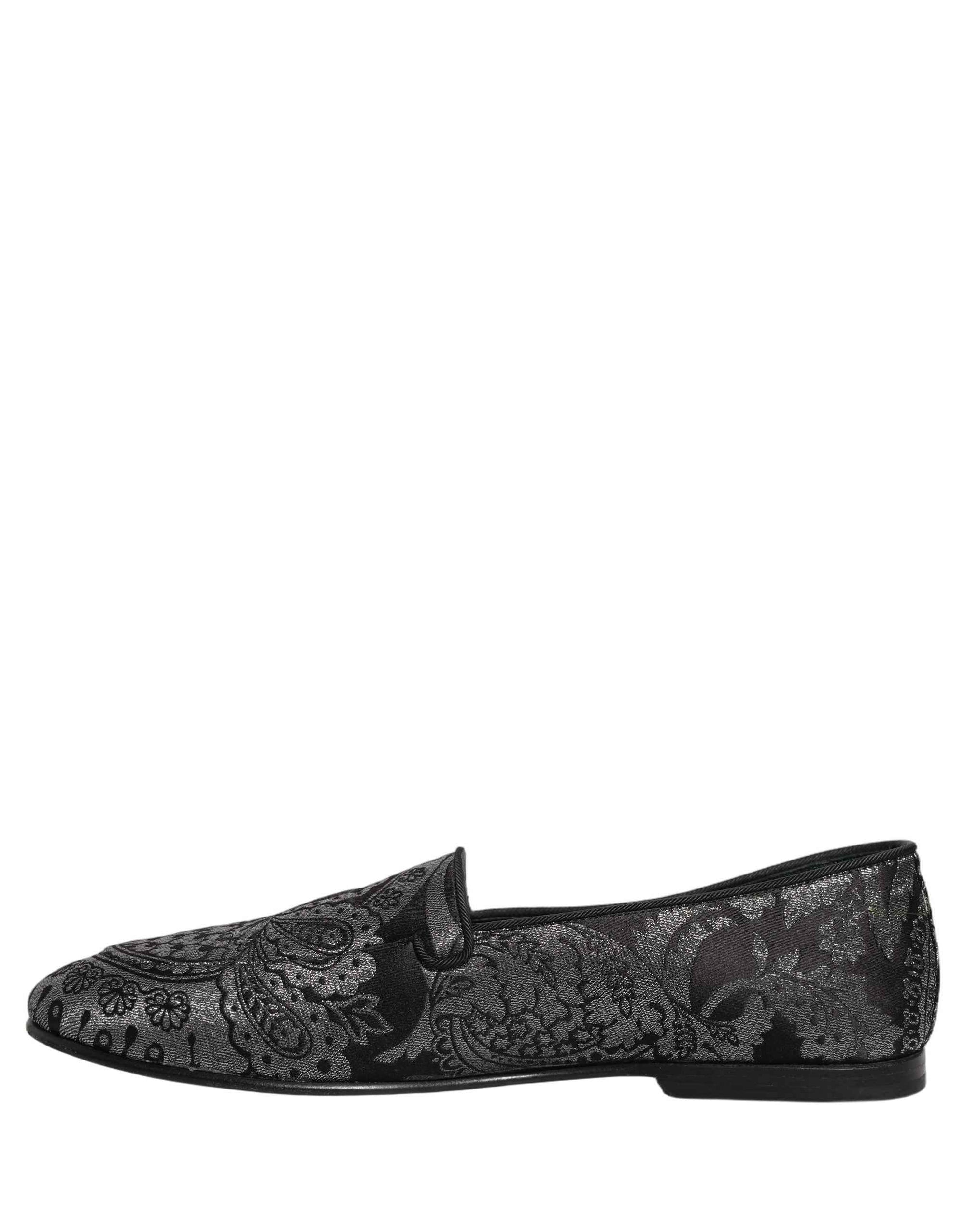 Dolce & Gabbana Silver Jacquard Leather Slip On Loafers Shoes
