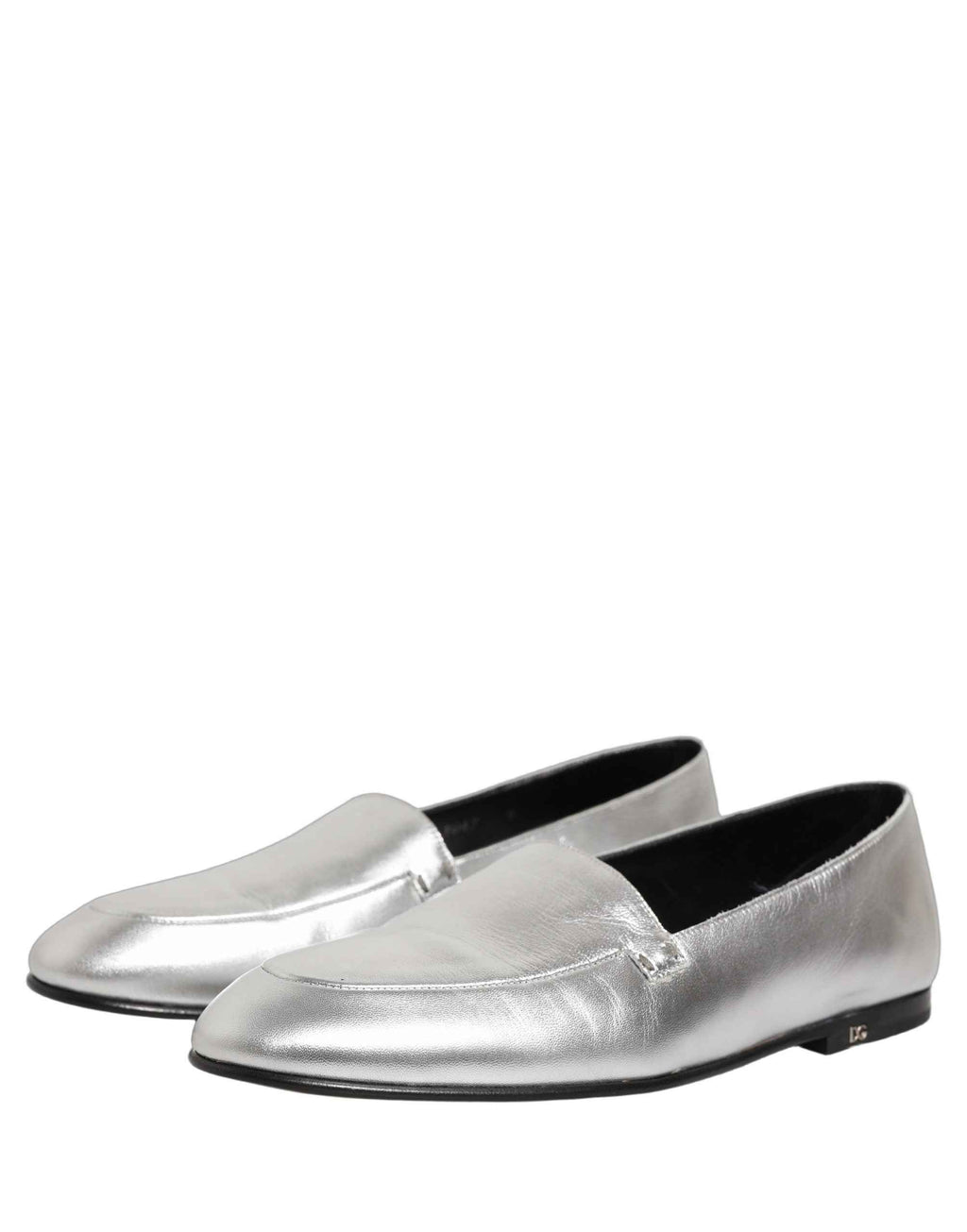 Dolce & Gabbana Silver Leather DG Logo Slip On Loafers Shoes