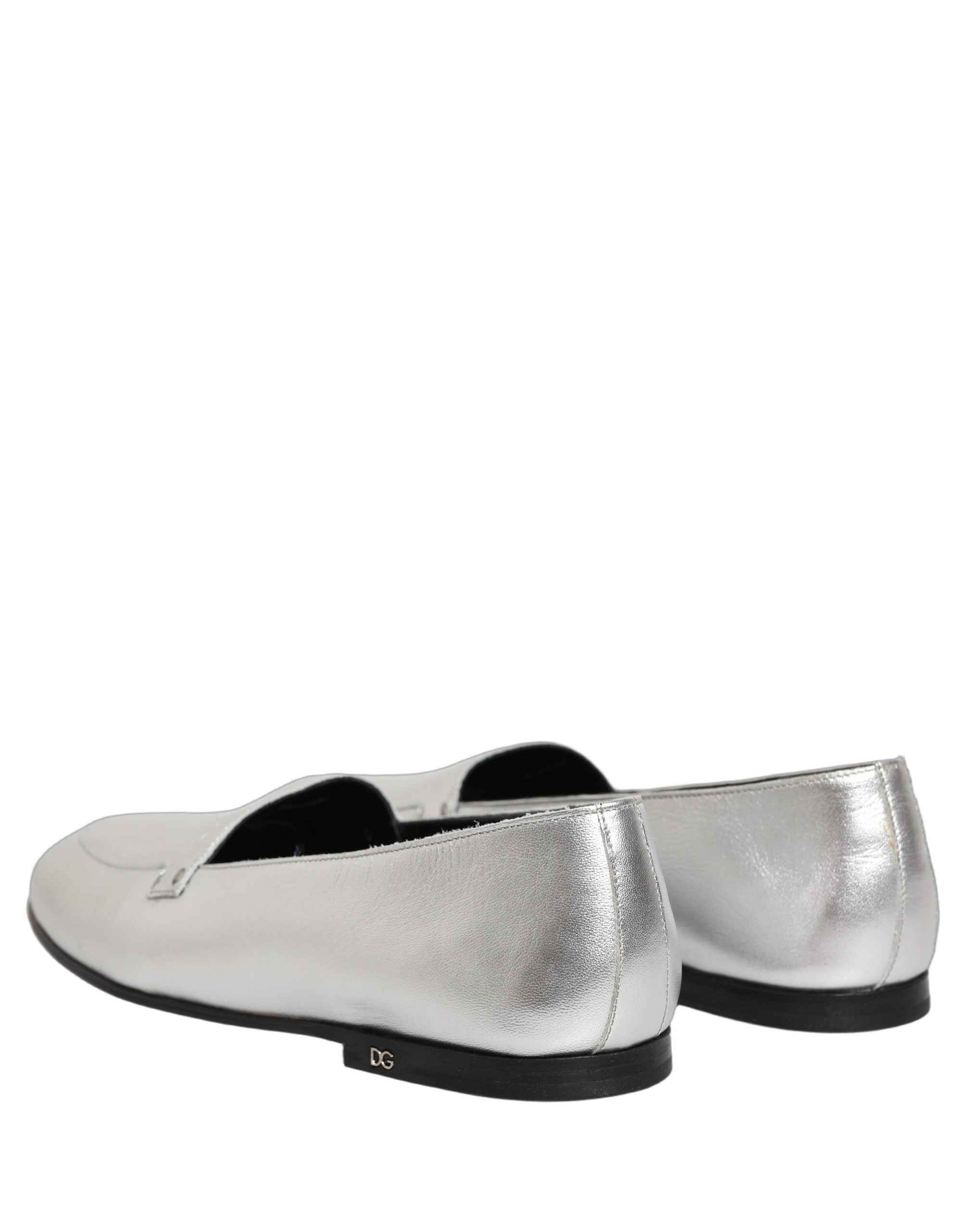 Dolce & Gabbana Silver Leather DG Logo Slip On Loafers Shoes