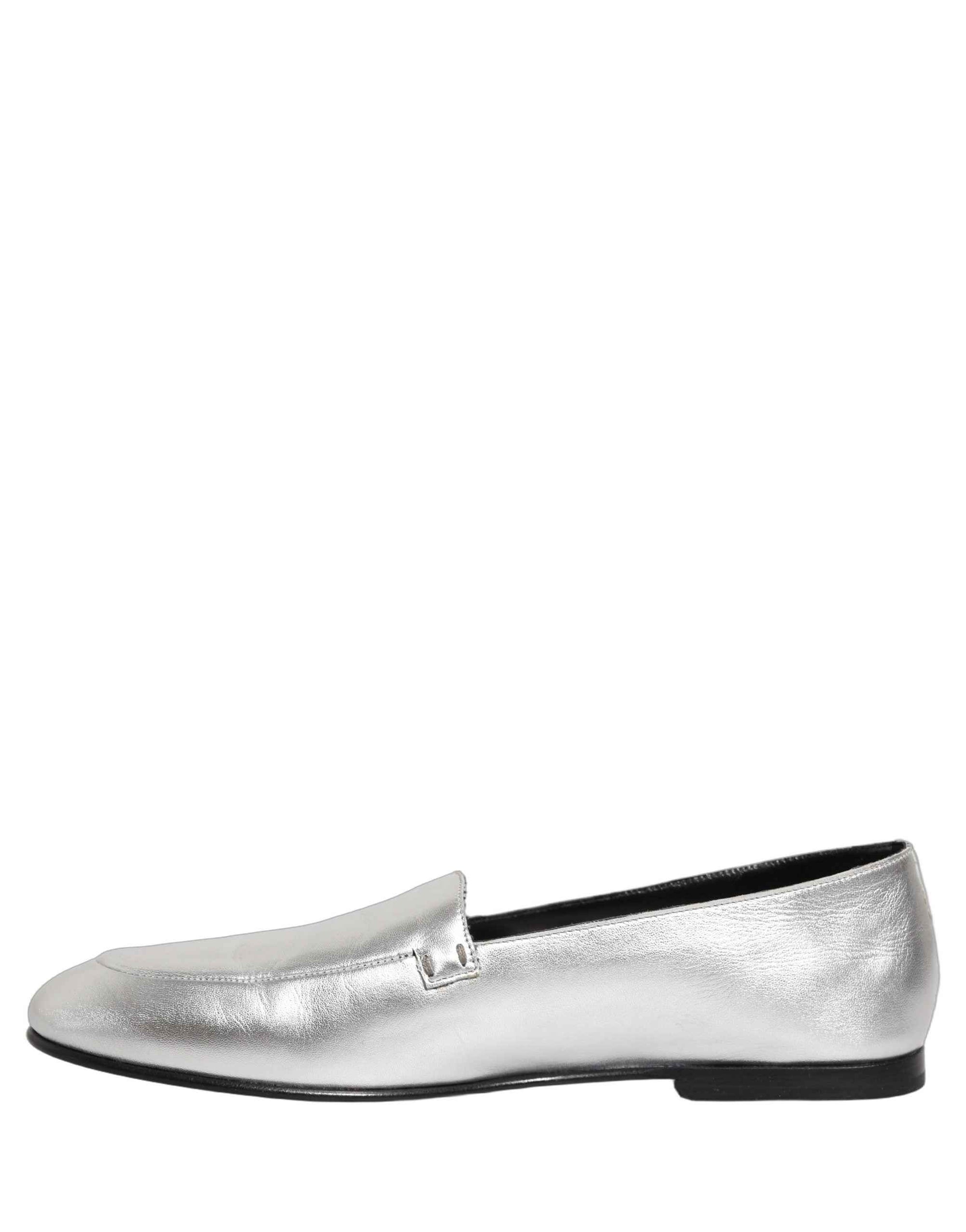 Dolce & Gabbana Silver Leather DG Logo Slip On Loafers Shoes