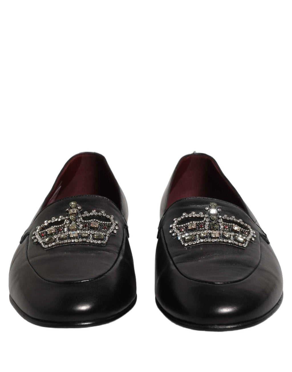 Dolce & Gabbana Black Leather Crown Embellished Loafers Shoes