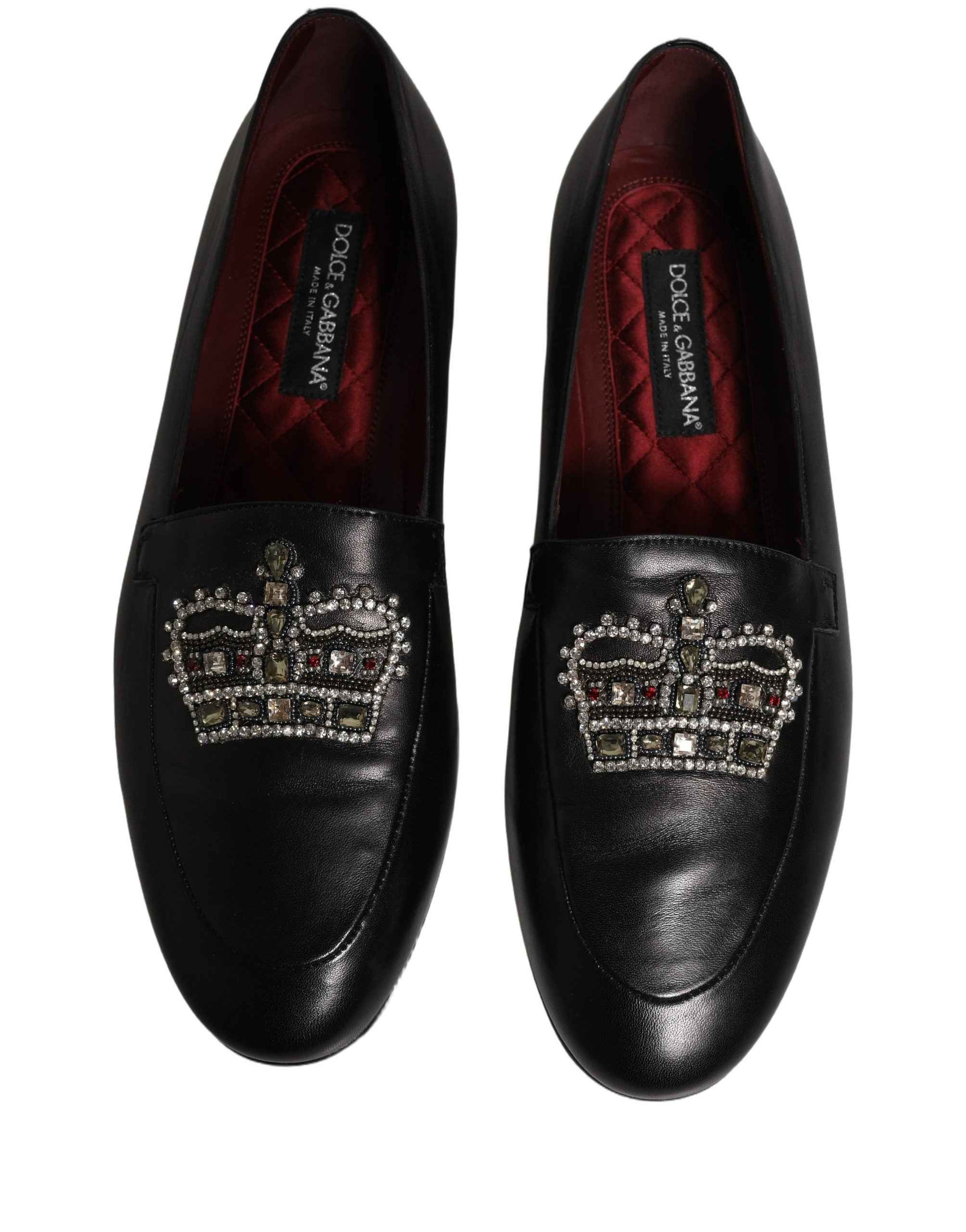 Dolce & Gabbana Black Leather Crown Embellished Loafers Shoes