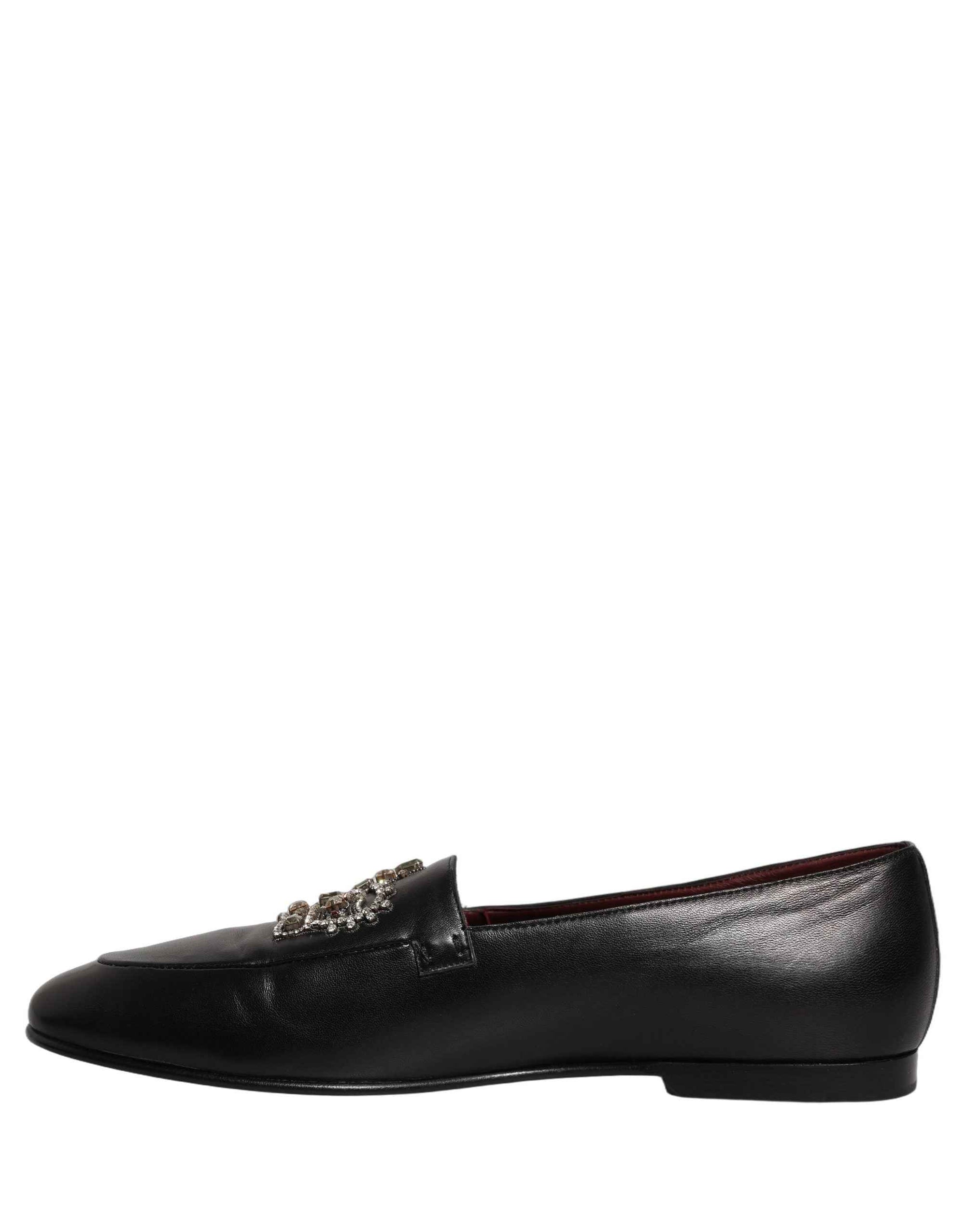 Dolce & Gabbana Black Leather Crown Embellished Loafers Shoes