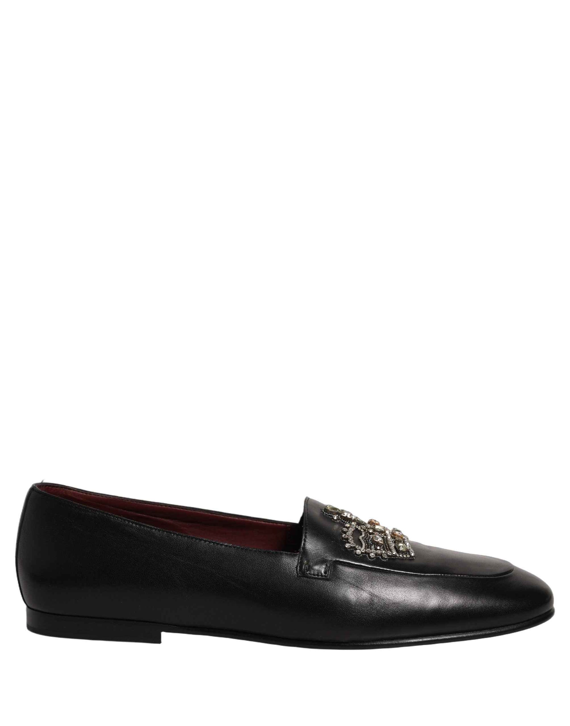 Dolce & Gabbana Black Leather Crown Embellished Loafers Shoes
