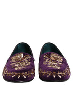 Dolce & Gabbana Violet Velvet Floral Embroidery Loafers Shoes