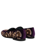Dolce & Gabbana Violet Velvet Floral Embroidery Loafers Shoes