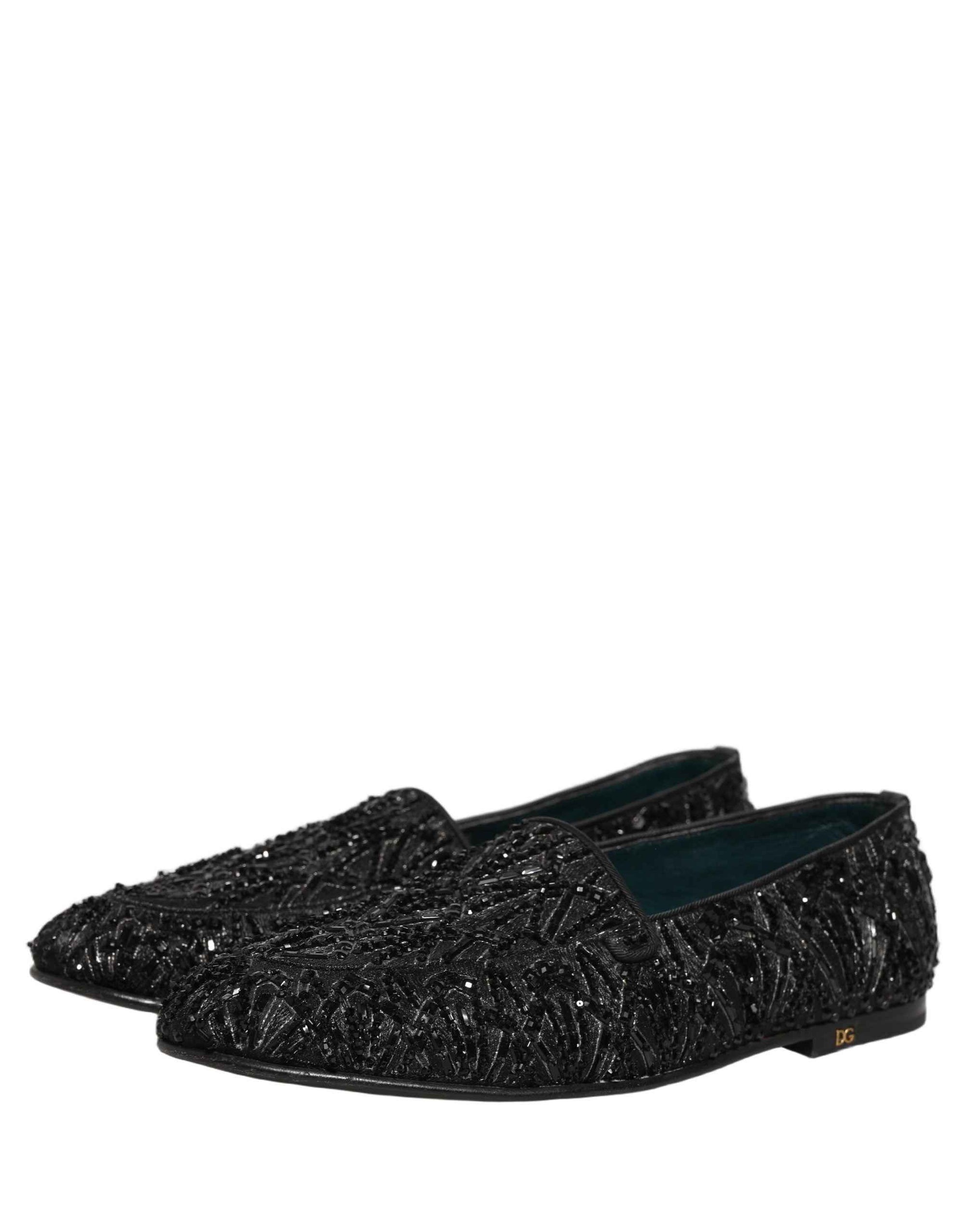 Dolce & Gabbana Black Velvet Embroidered Dress Loafers Shoes