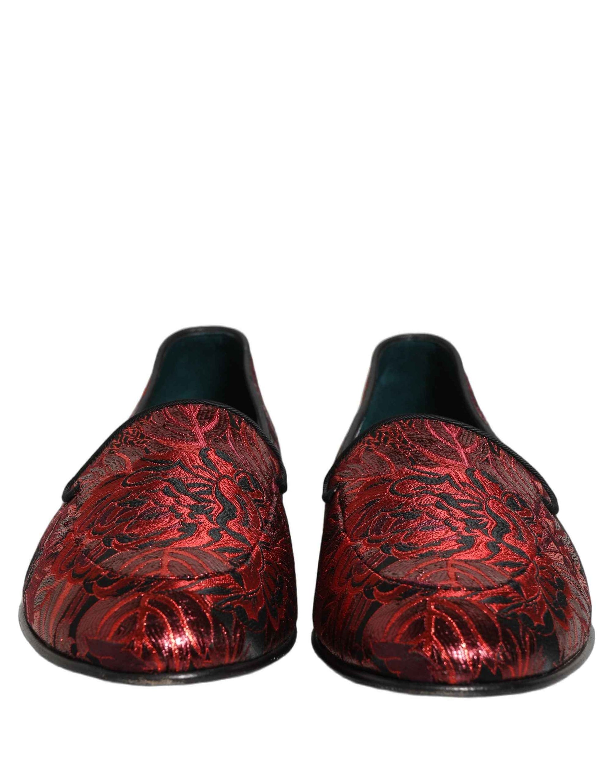 Dolce & Gabbana Red Floral Jacquard Slip On Loafers Shoes