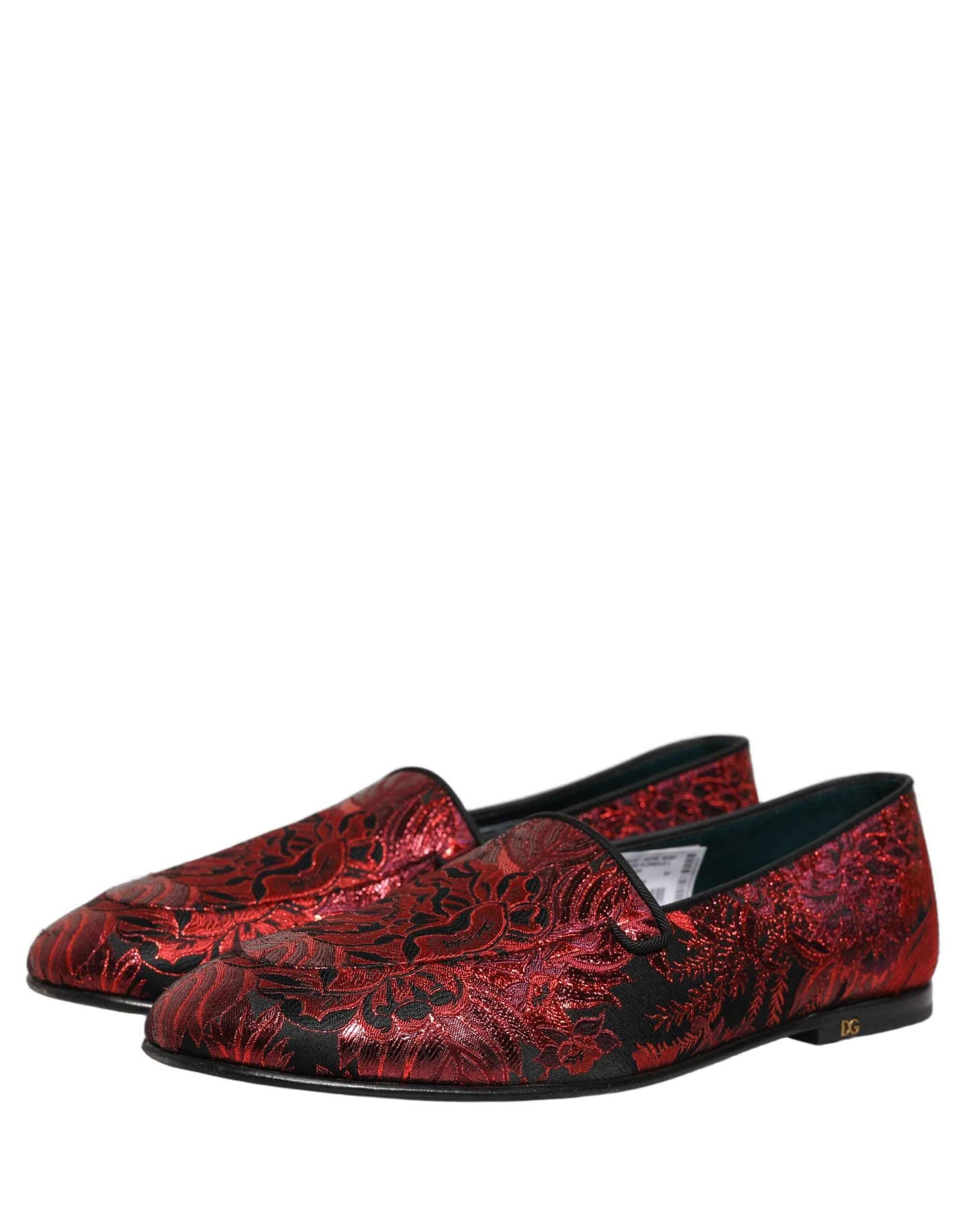 Dolce & Gabbana Red Floral Jacquard Slip On Loafers Shoes