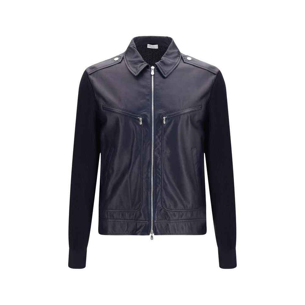 Brunello Cucinelli Blue Calf Leather Bos Taurus Leather Jacket