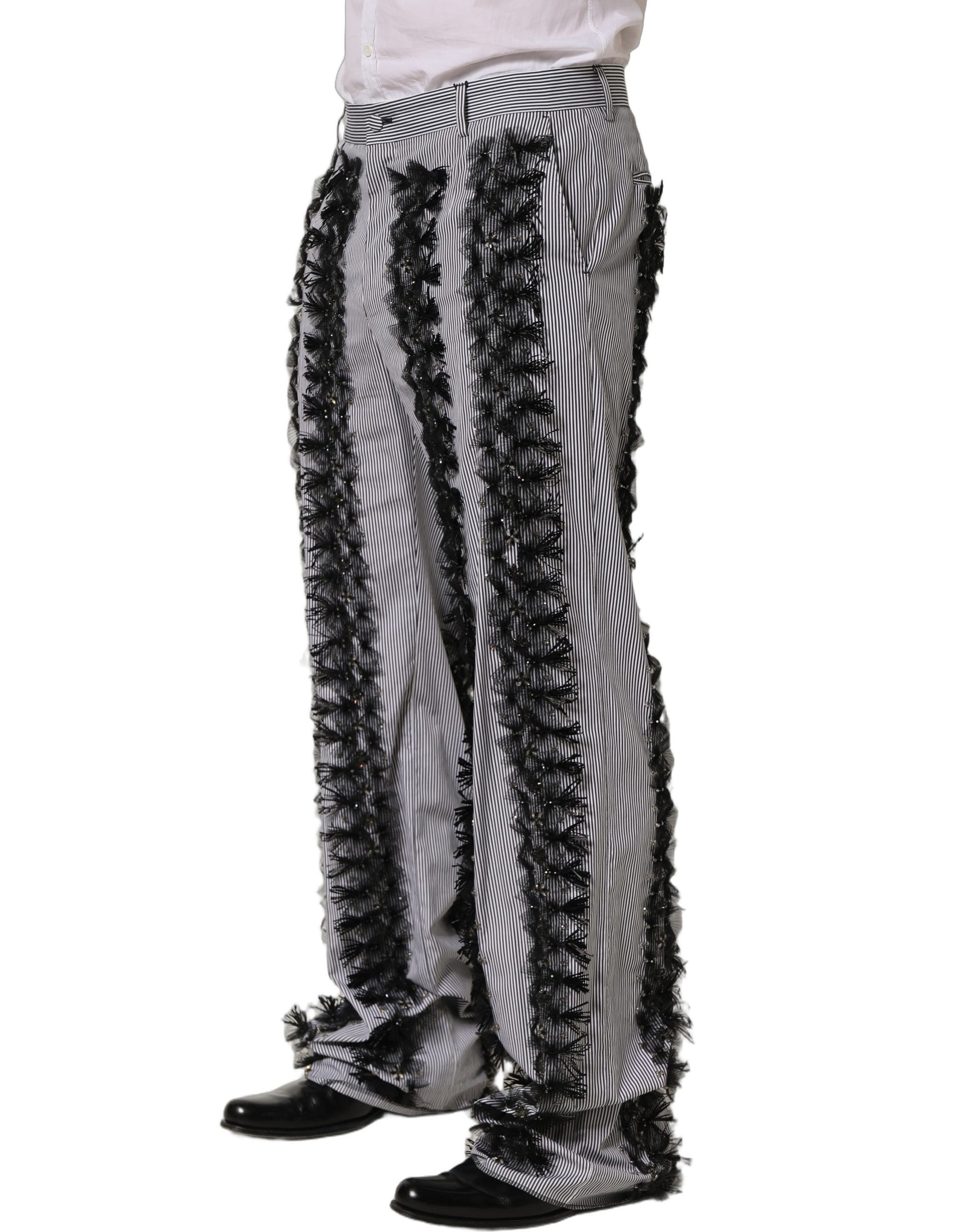 Dolce & Gabbana BlackGray Pinstripe Embellished Trouser Pants