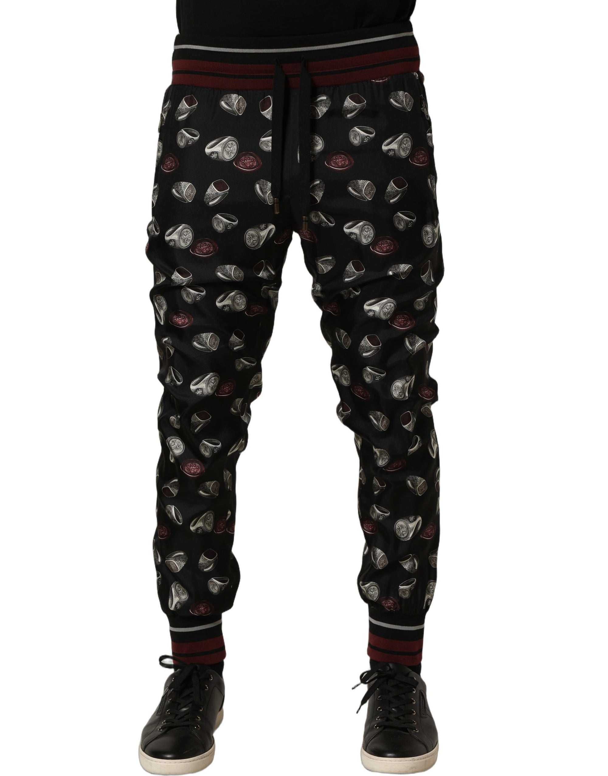 Dolce & Gabbana Pants Black Ring Print Silk Jogging Trousers