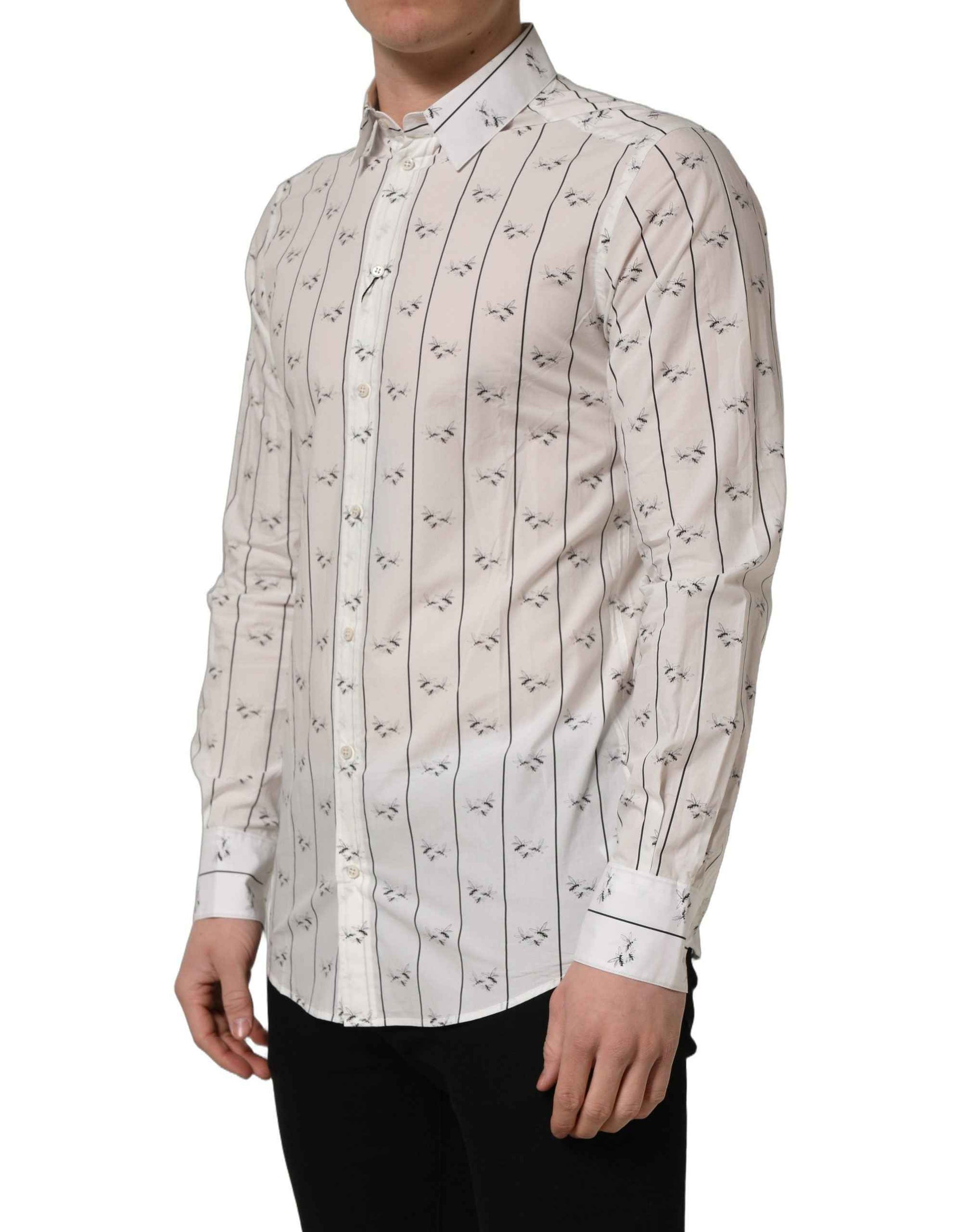Dolce & Gabbana White Bee Print Cotton GOLD Fit Dress Shirt