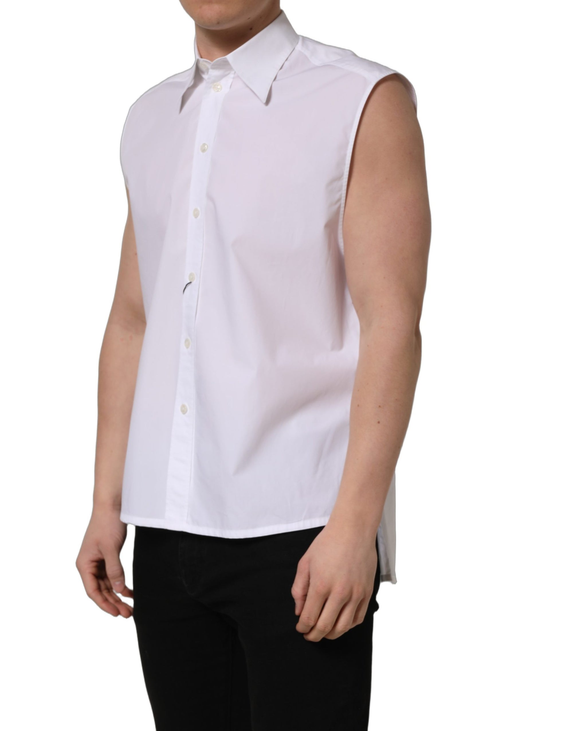 Dolce & Gabbana White Cotton Sleeveless Formal Dress Shirt