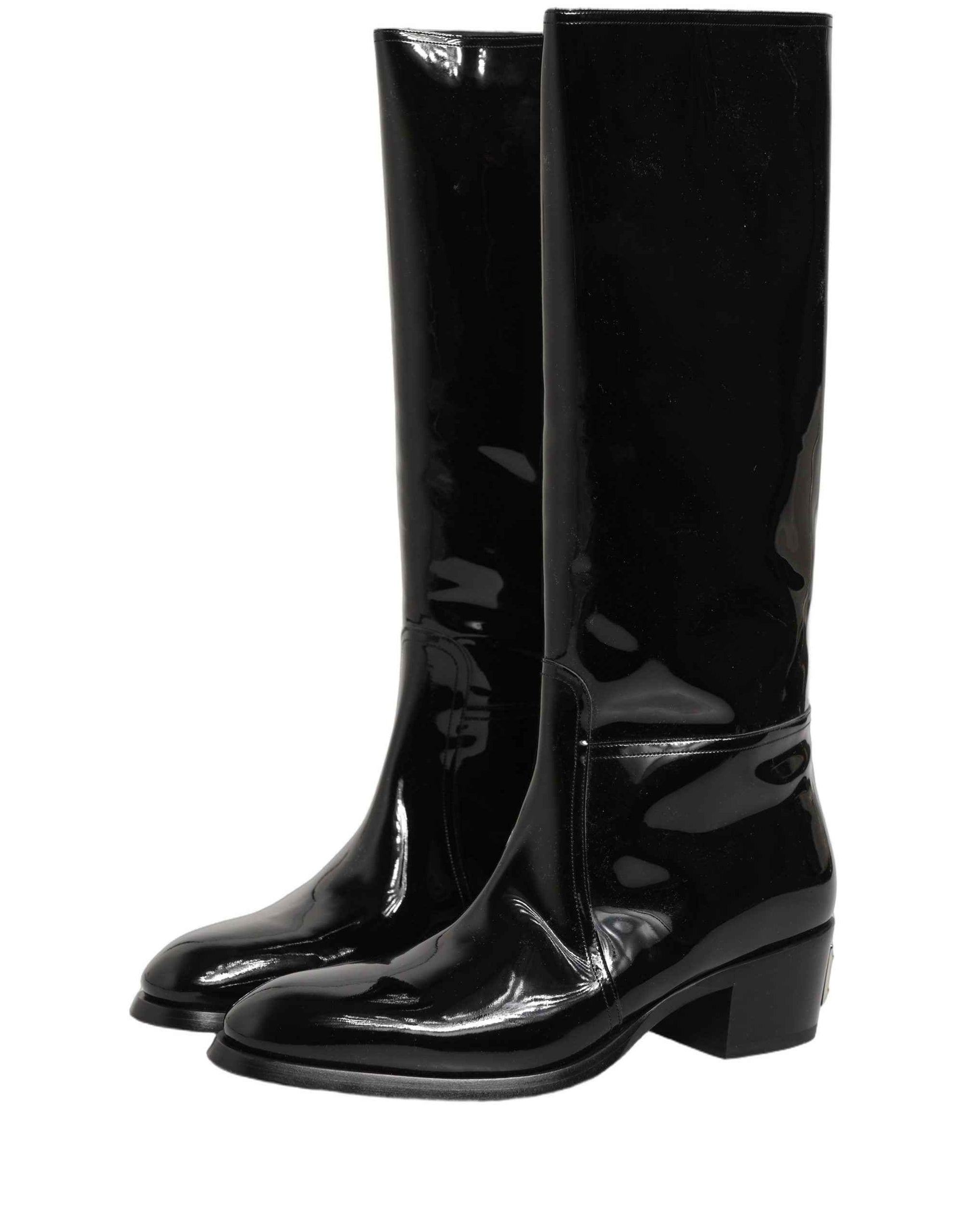 Dolce & Gabbana Black Leather Knee High Heels Boots Shoes