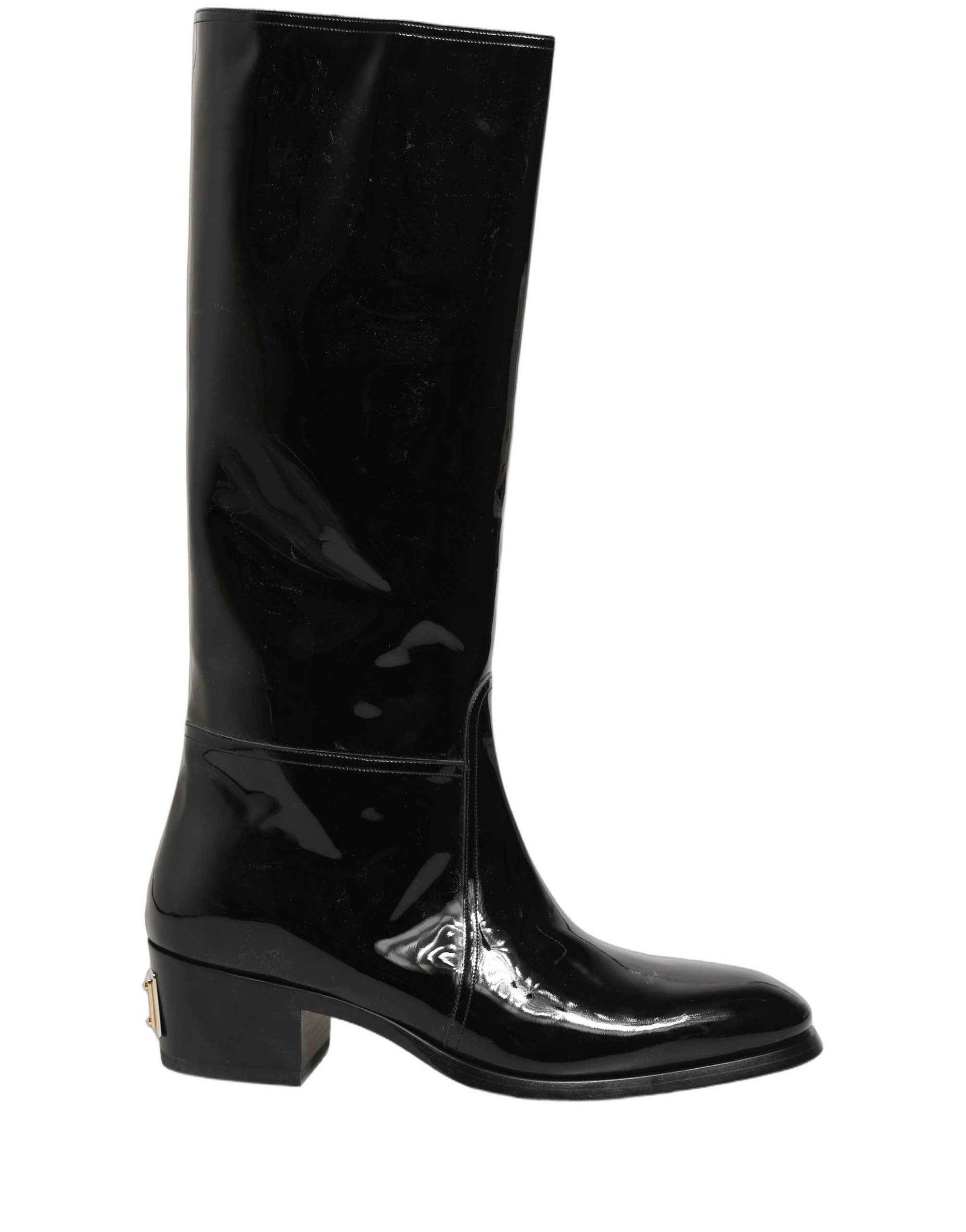 Dolce & Gabbana Black Leather Knee High Heels Boots Shoes