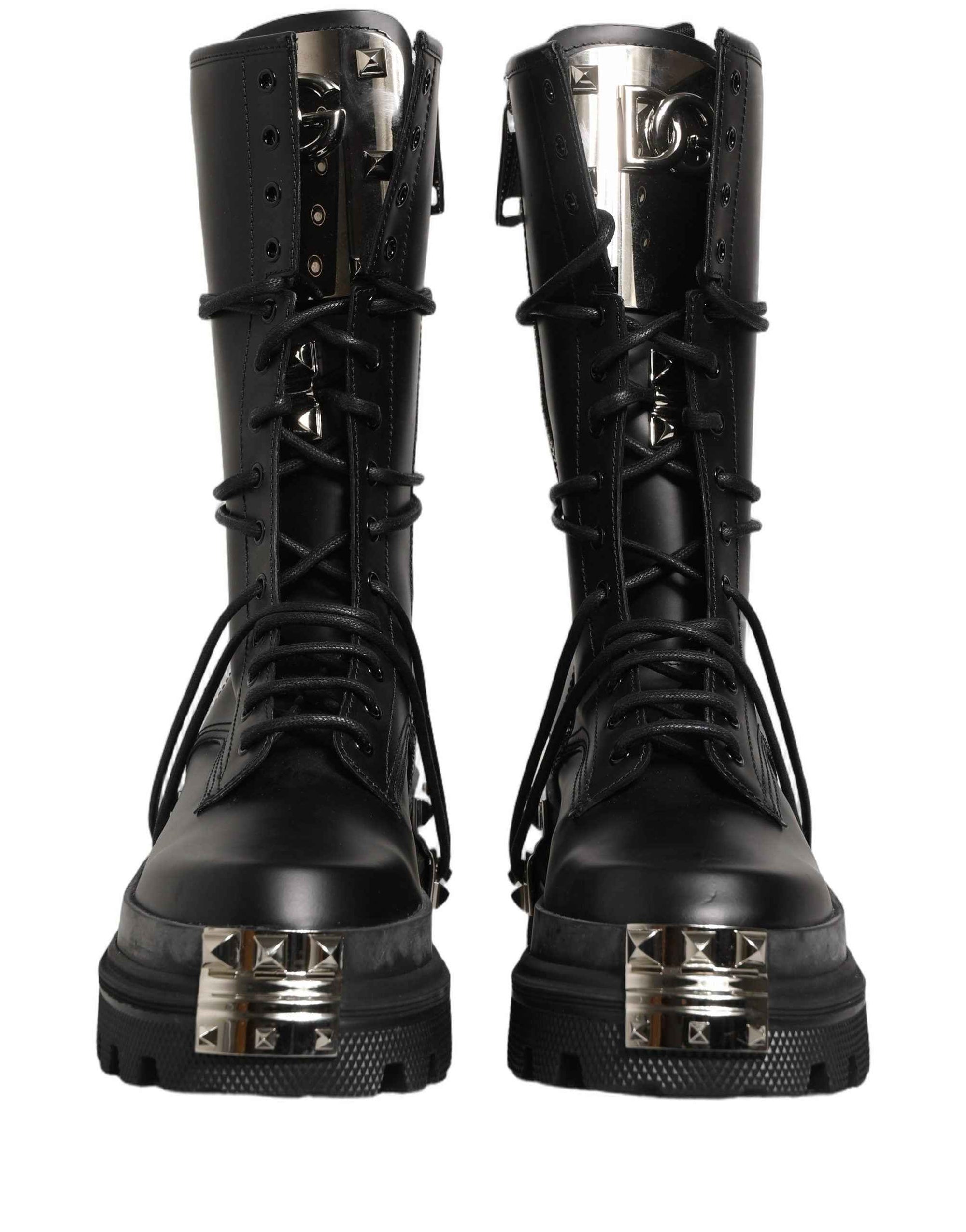 Dolce & Gabbana Black Stud Platform Combat High Boots Shoes