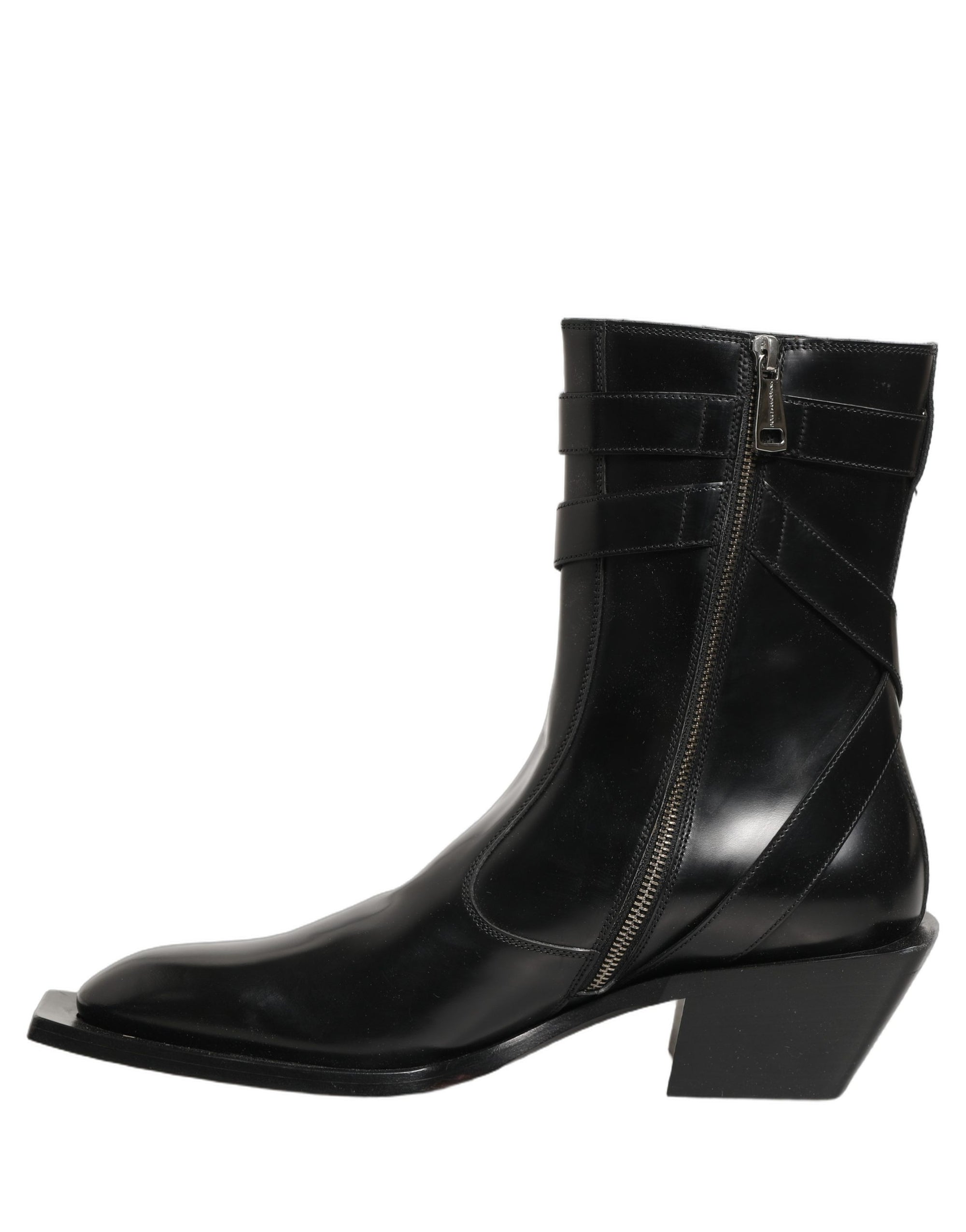 Dolce & Gabbana Black Leather DG Plaque Mid Calf Boots Shoes