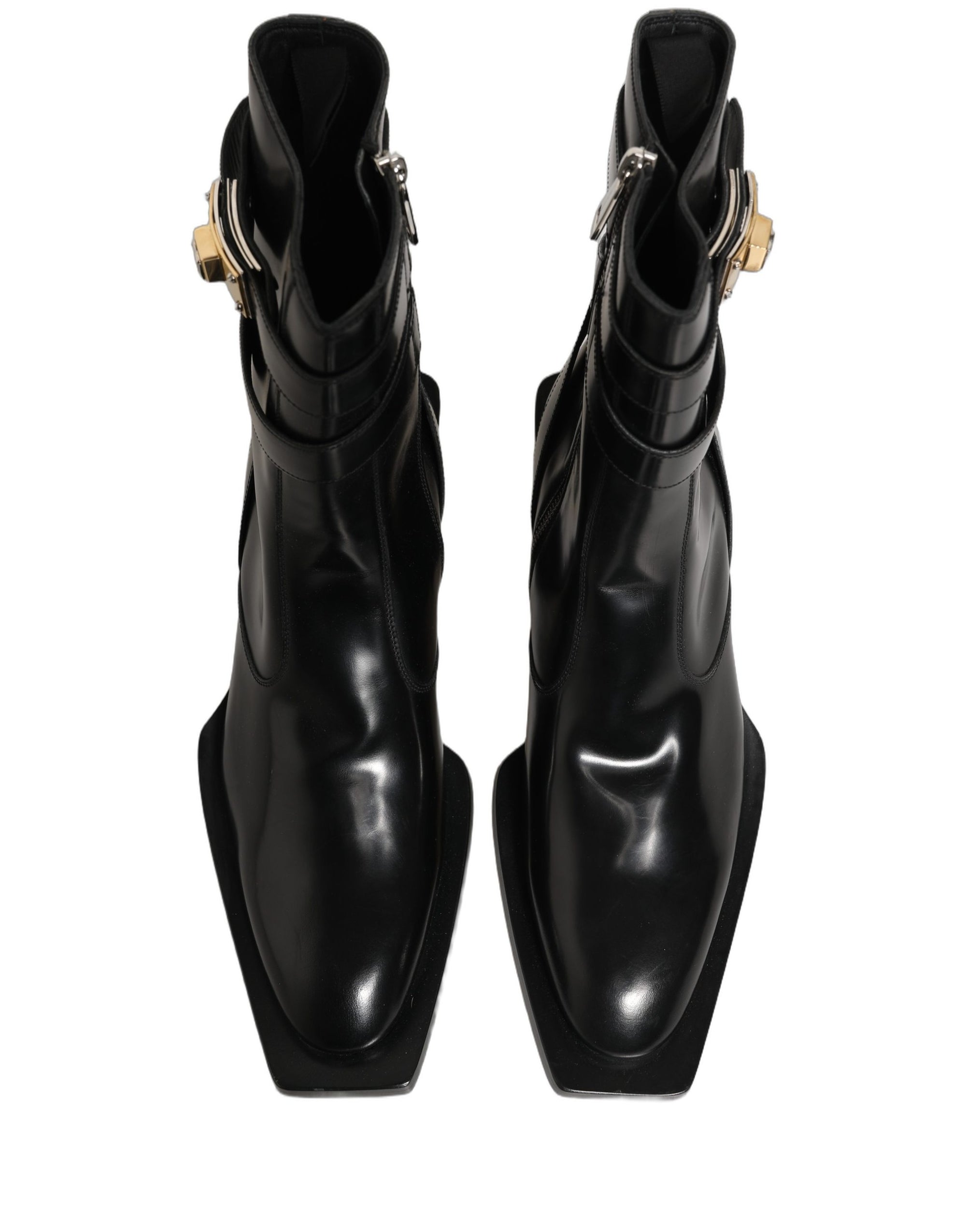 Dolce & Gabbana Black Leather DG Plaque Mid Calf Boots Shoes