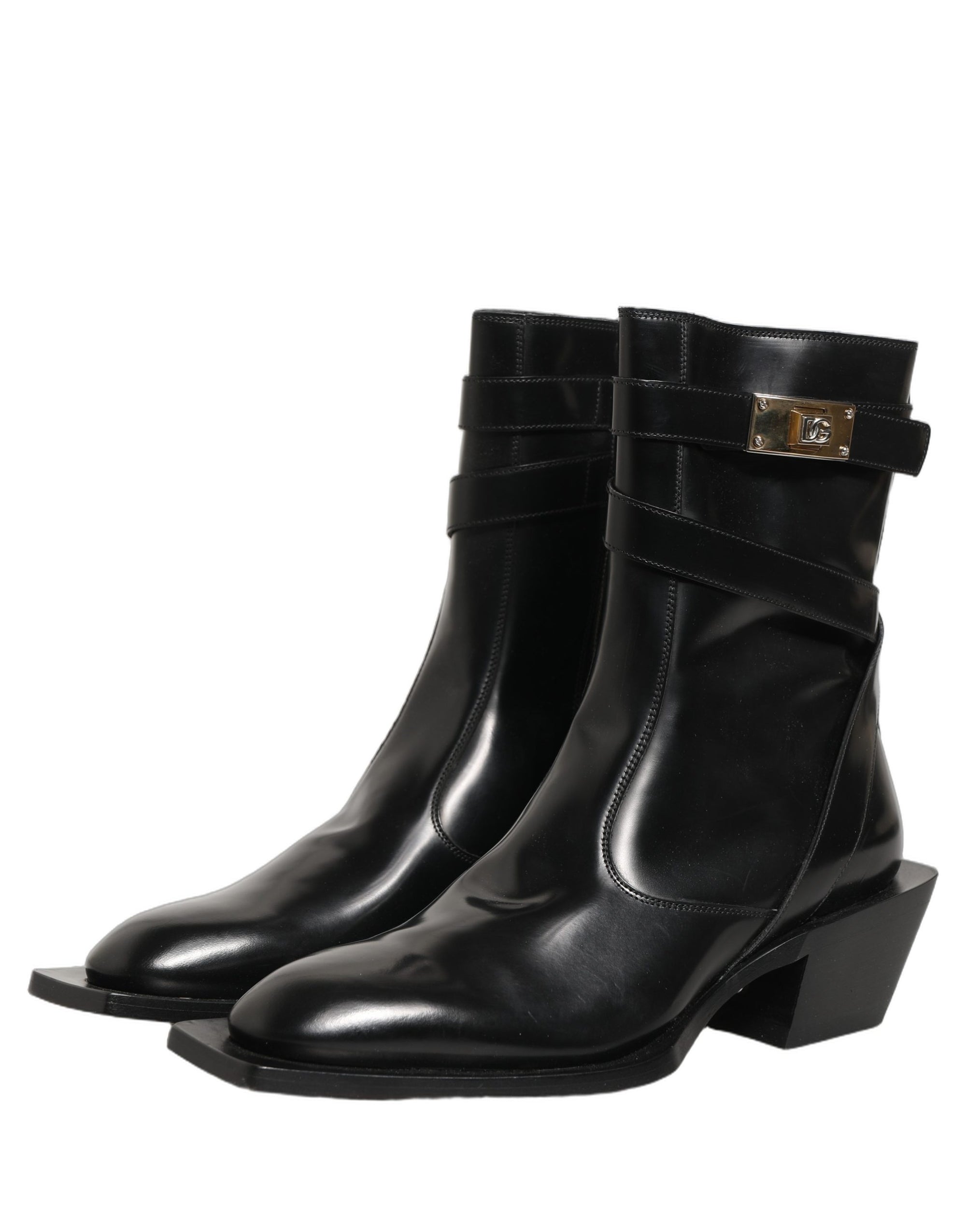 Dolce & Gabbana Black Leather DG Plaque Mid Calf Boots Shoes