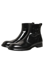 Dolce & Gabbana Black Leather Embossed Logo Ankle Boots Shoes