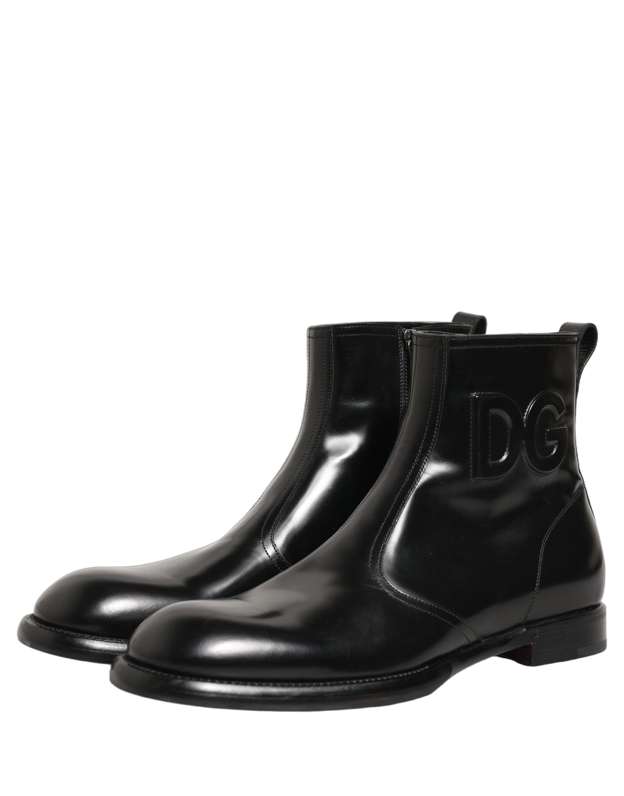 Dolce & Gabbana Black Leather Embossed Logo Ankle Boots Shoes