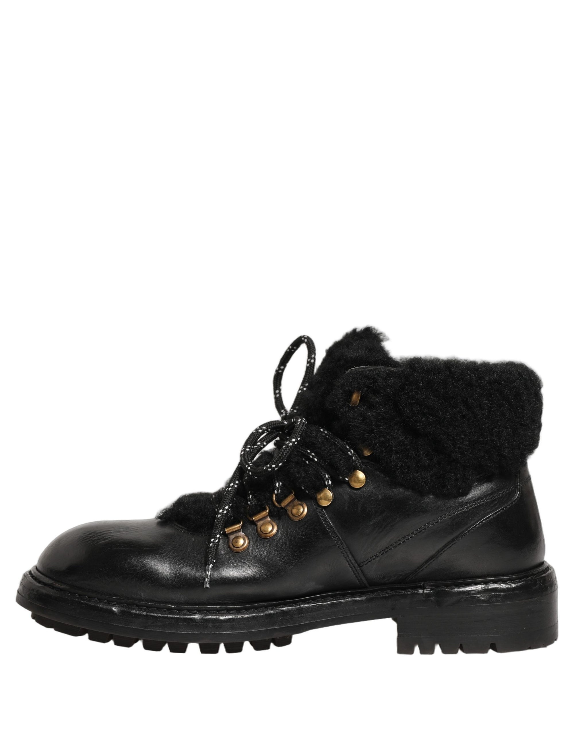 Dolce & Gabbana Black Trekking Fur Lace Leather Boots Shoes