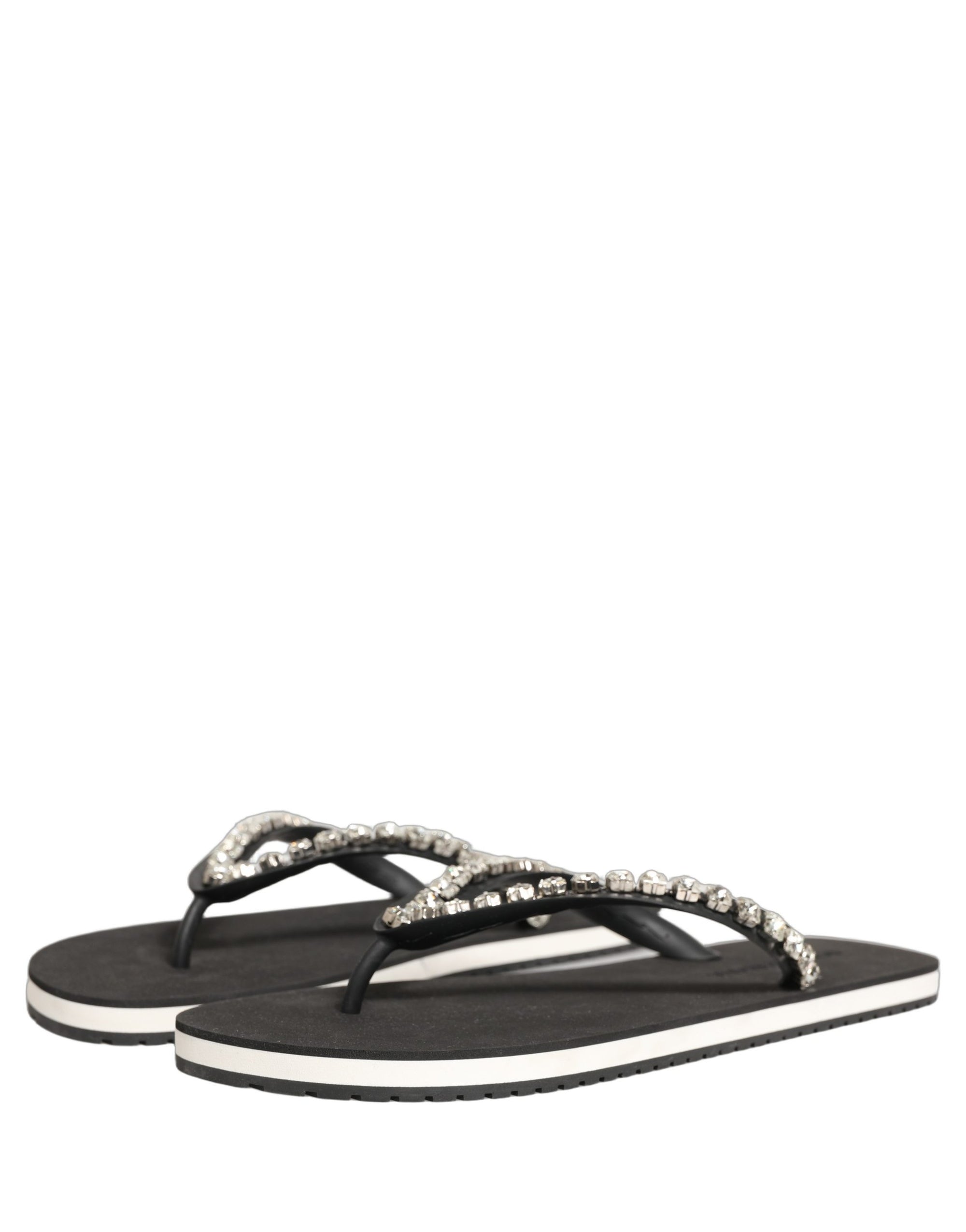 Dolce & Gabbana Black Embellished Rubber Flip Flops Men Shoes