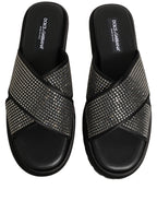 Dolce & Gabbana Black Strass Criss Cross Slide Sandals Shoes