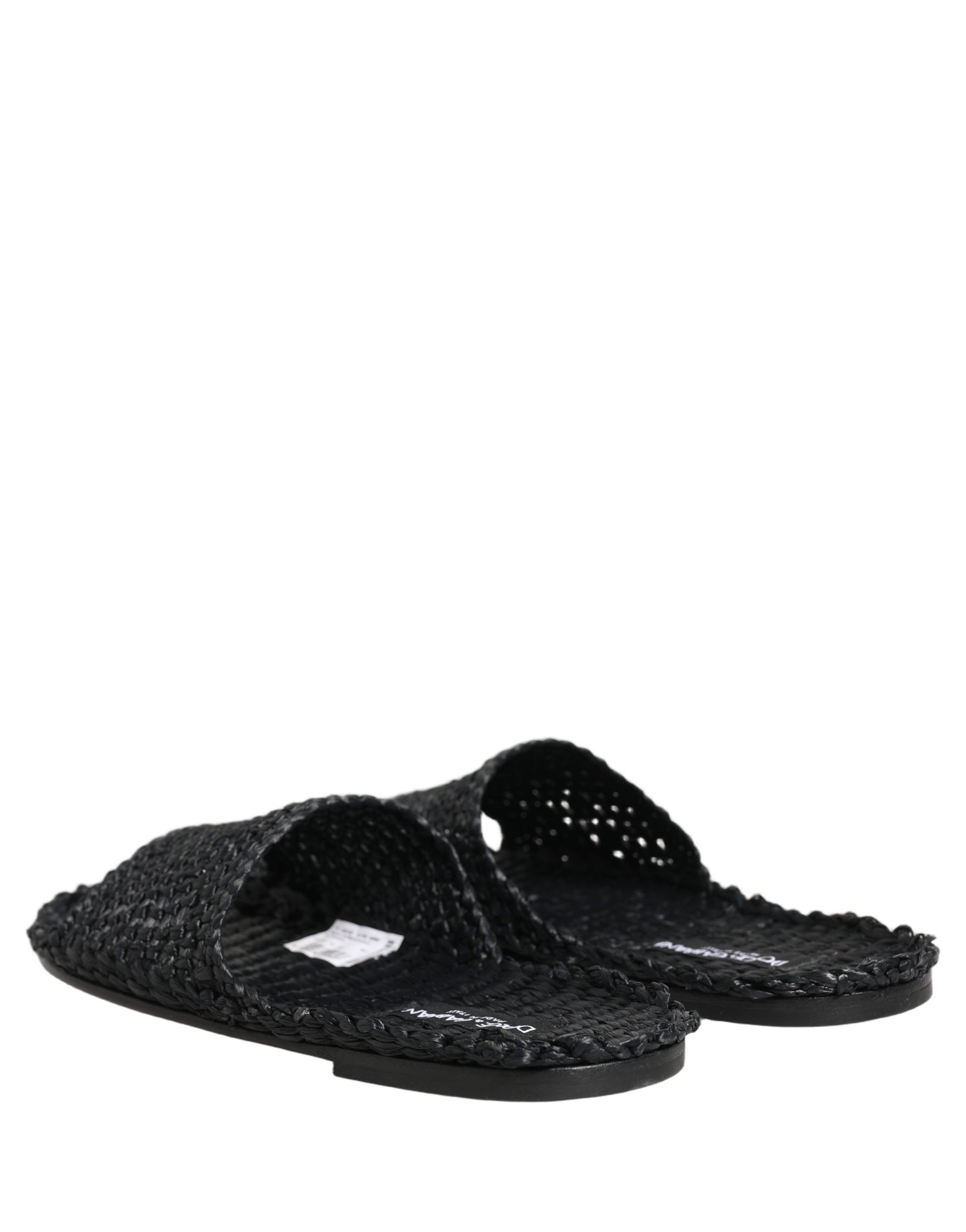 Dolce & Gabbana Black Straw Raffia Slides Sandals Flats Shoes