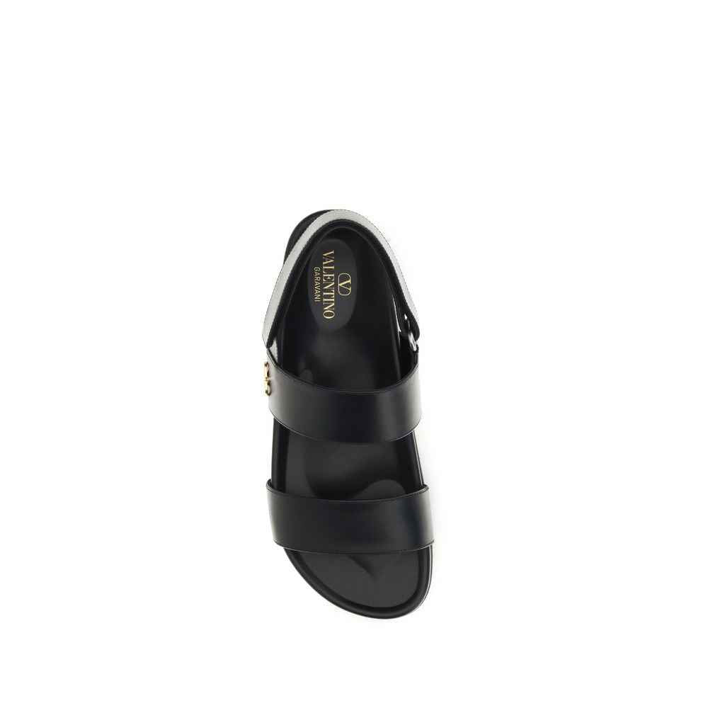 Valentino Garavani Black Calf Leather Bos Taurus Flat Sandals