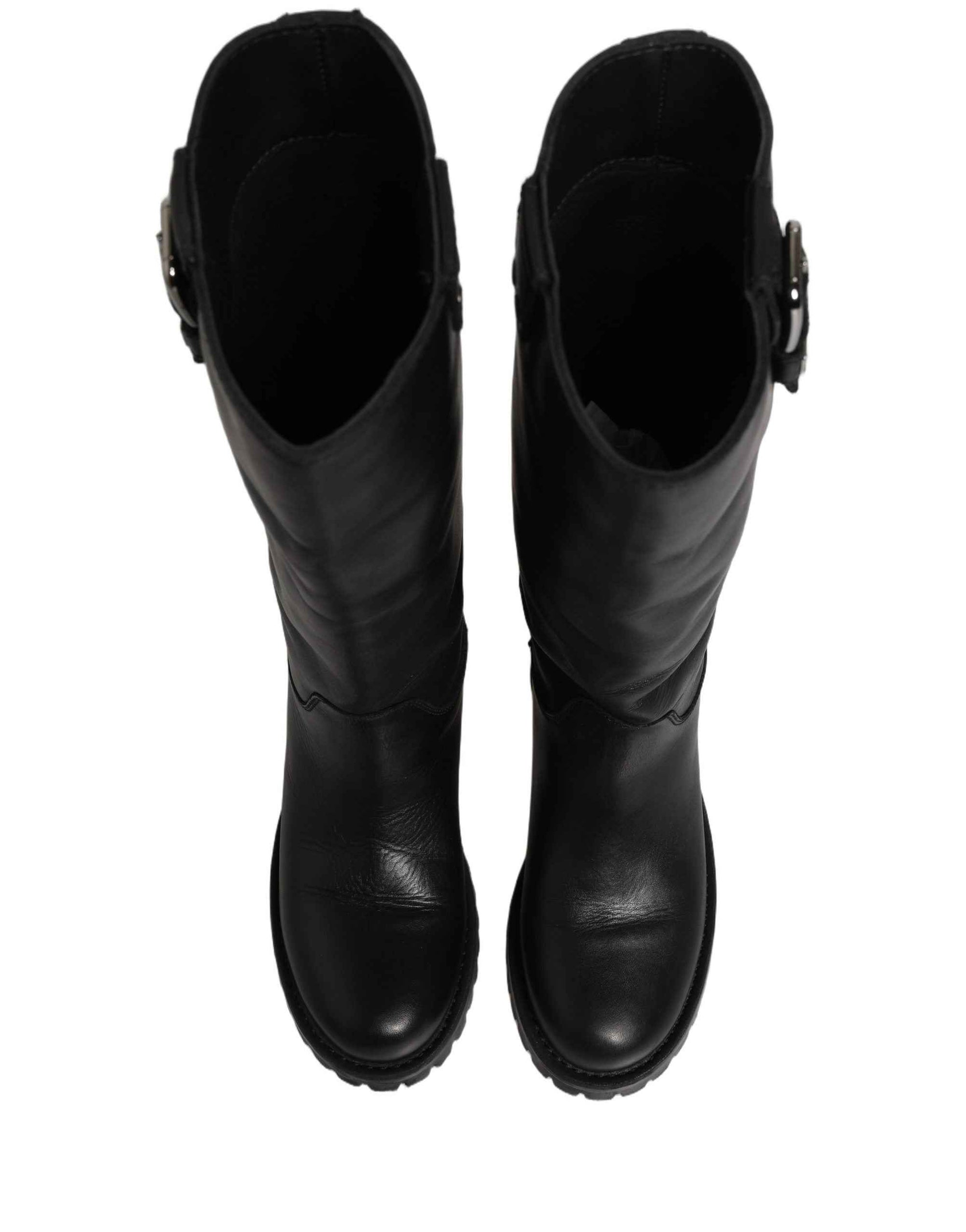Dolce & Gabbana Black Leather Buckle Detail Mid Calf Boots Shoes