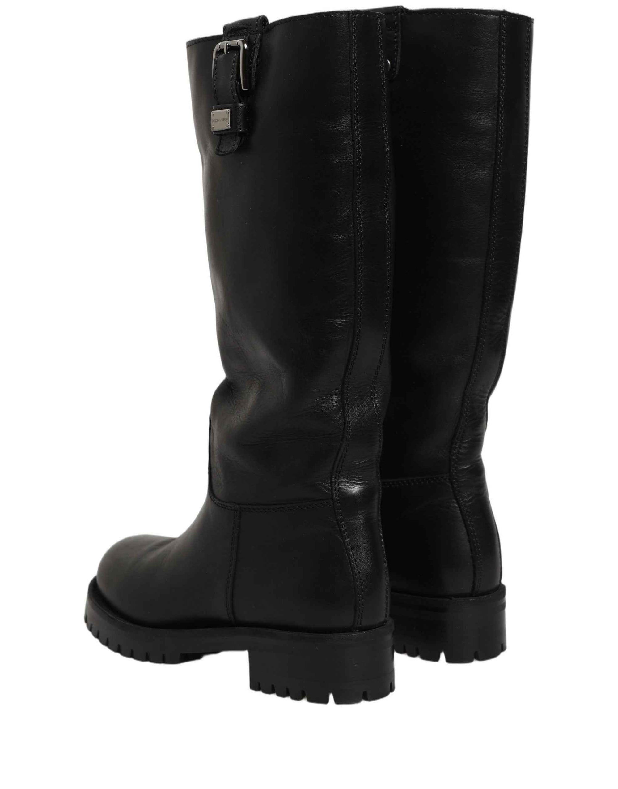 Dolce & Gabbana Black Leather Buckle Detail Mid Calf Boots Shoes