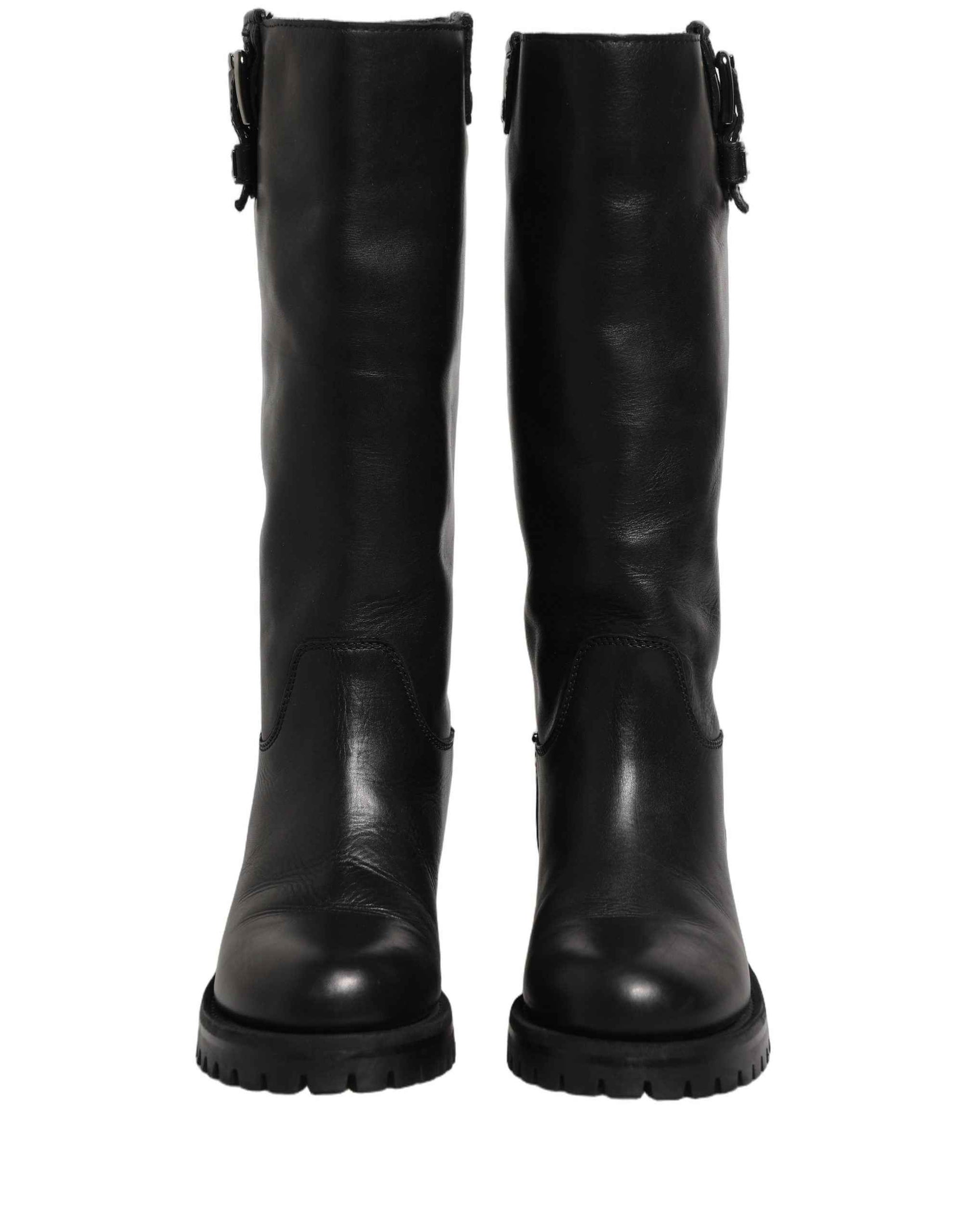 Dolce & Gabbana Black Leather Buckle Detail Mid Calf Boots Shoes