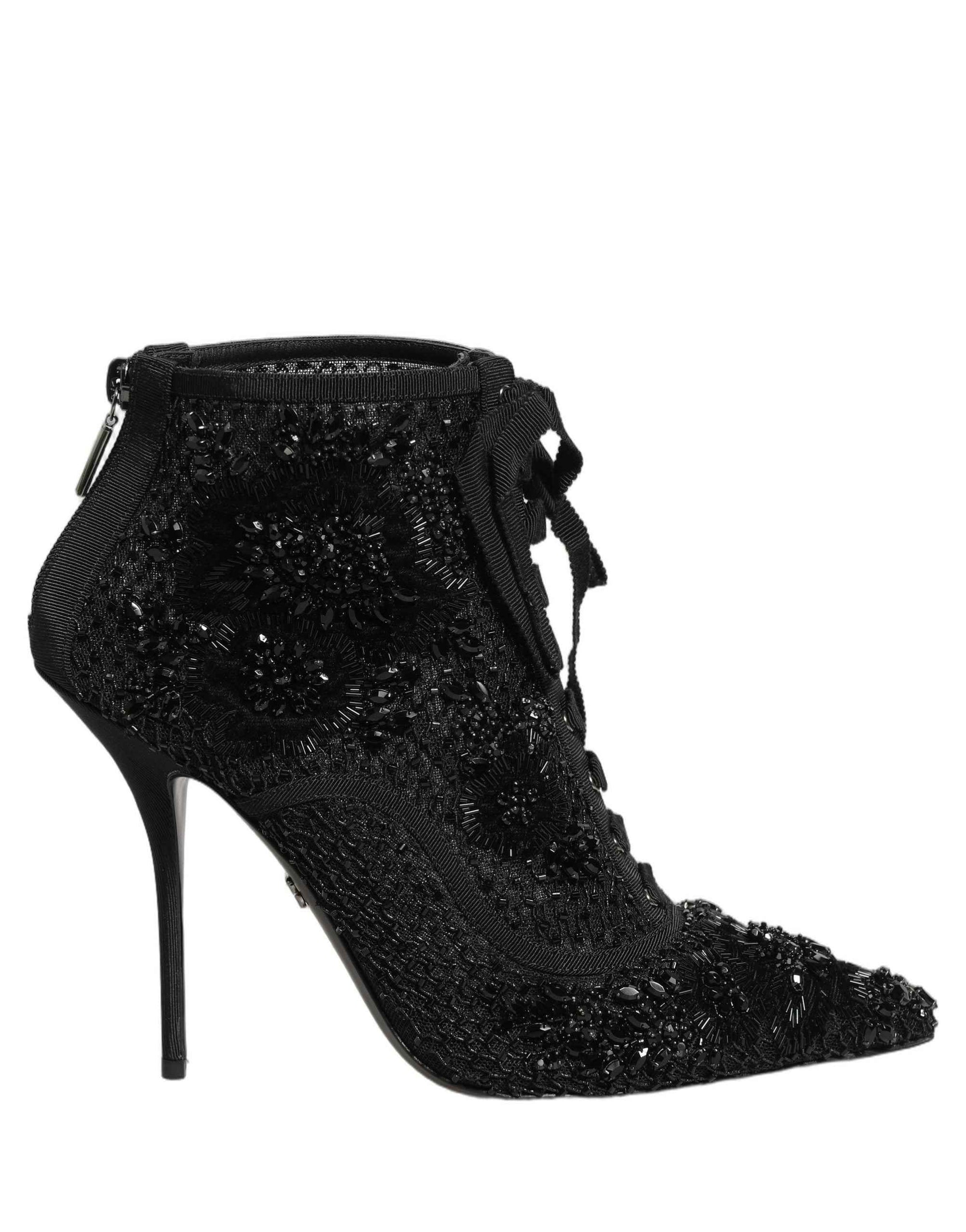 Dolce & Gabbana Black Embellished Mesh Ankle Boots Shoes